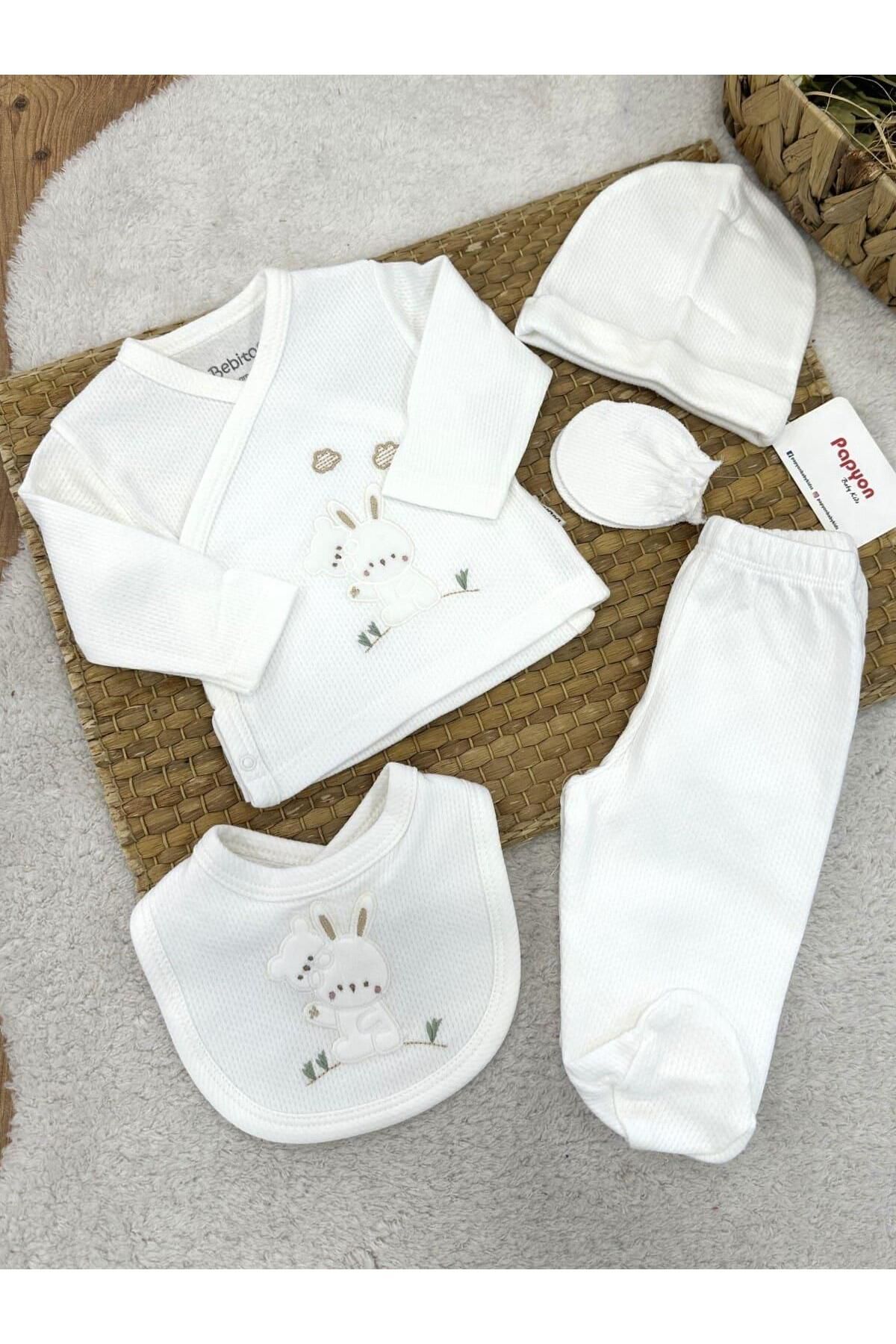 Papyon Baby Kids Tavşan ve Ayı Nakışlı Yenidoğan Uniseks Bebek 5li Zıbın Set