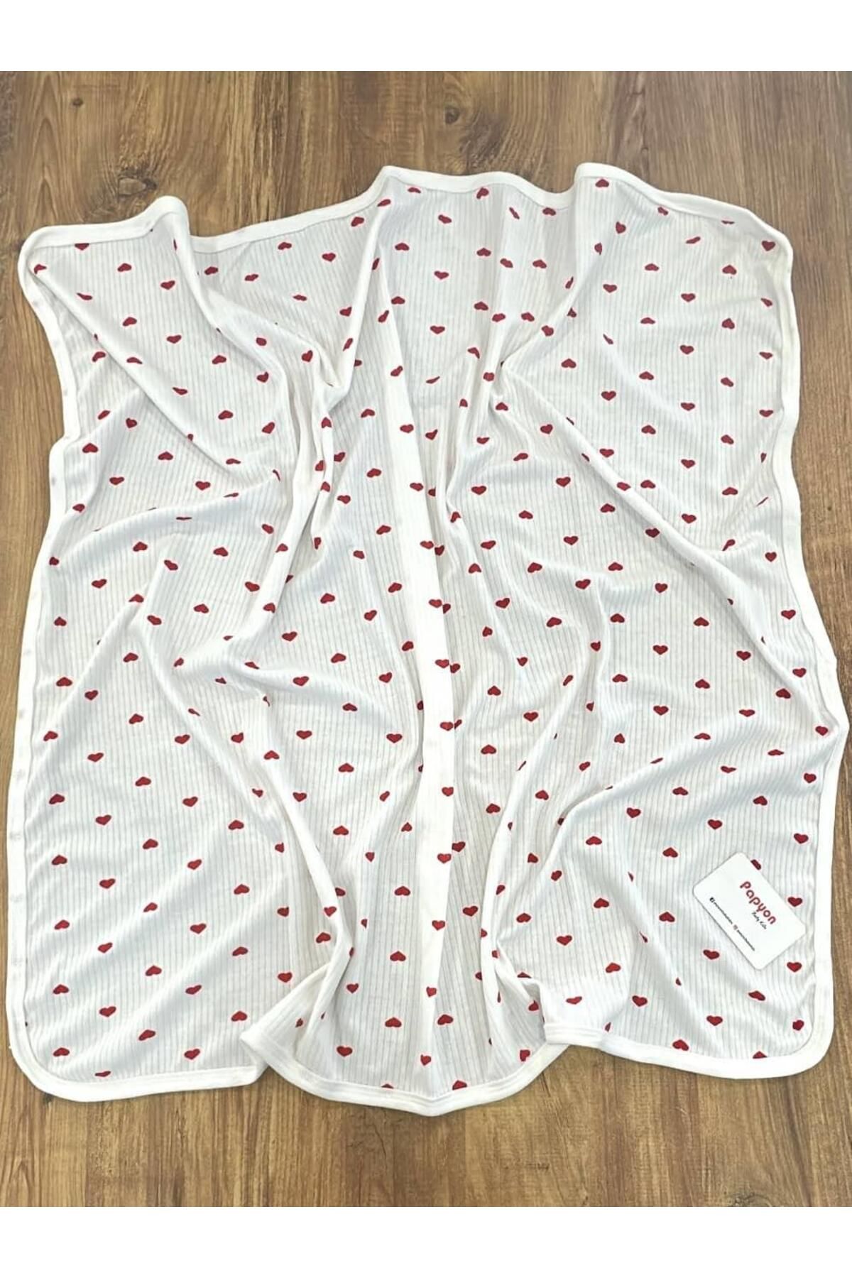 Papyon Baby Kids Küçük Kalp Baskılı Raporlu Tek Kat Penye Bebek Battaniyesi 85x100 Cm