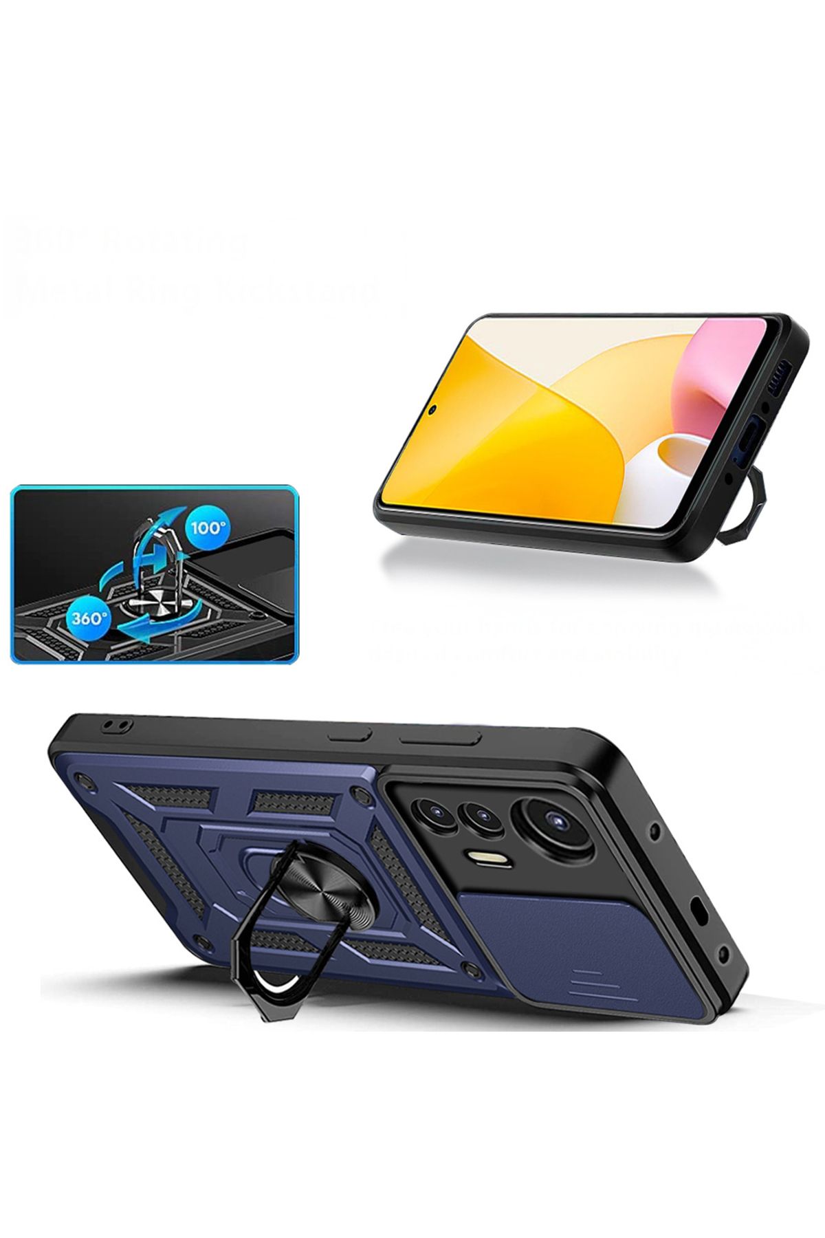 GRABONO Xiaomi Mi 12 Lite Kılıf Mıknatıslı Araç Tutuculu Yüzük ve Kapaklı Lens Korumalı Sürgülü Tank Kılıf