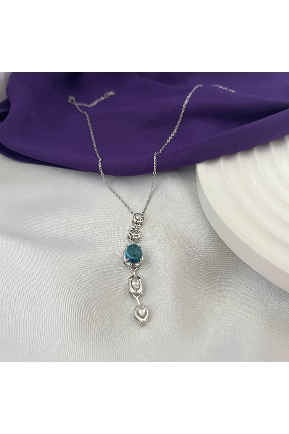 Violet Takı Mavi Zirkon Taşlı 316L Kararmaz Çelik Y Kolye