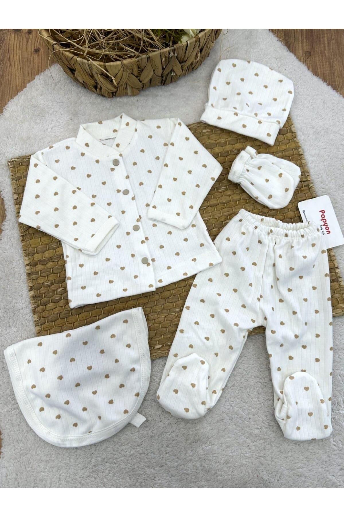 Papyon Baby Kids Kalp Baskılı Fitilli Yenidoğan Kız Bebek 5li Zıbın Set