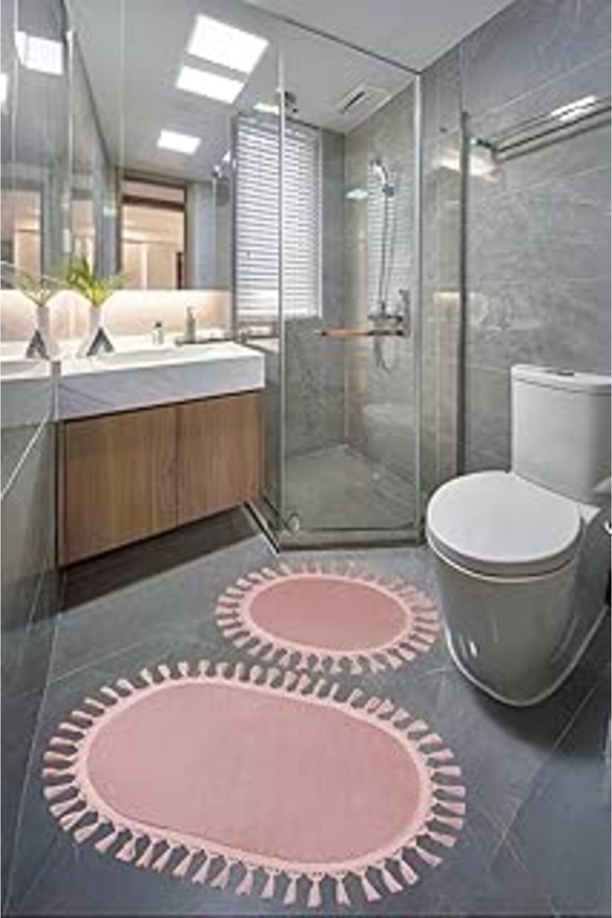 ASİTAN My Evilla Modern Simirna Dekoratif Peluş Oval Ponpon Saçaklı Klozet Takımı Pembe