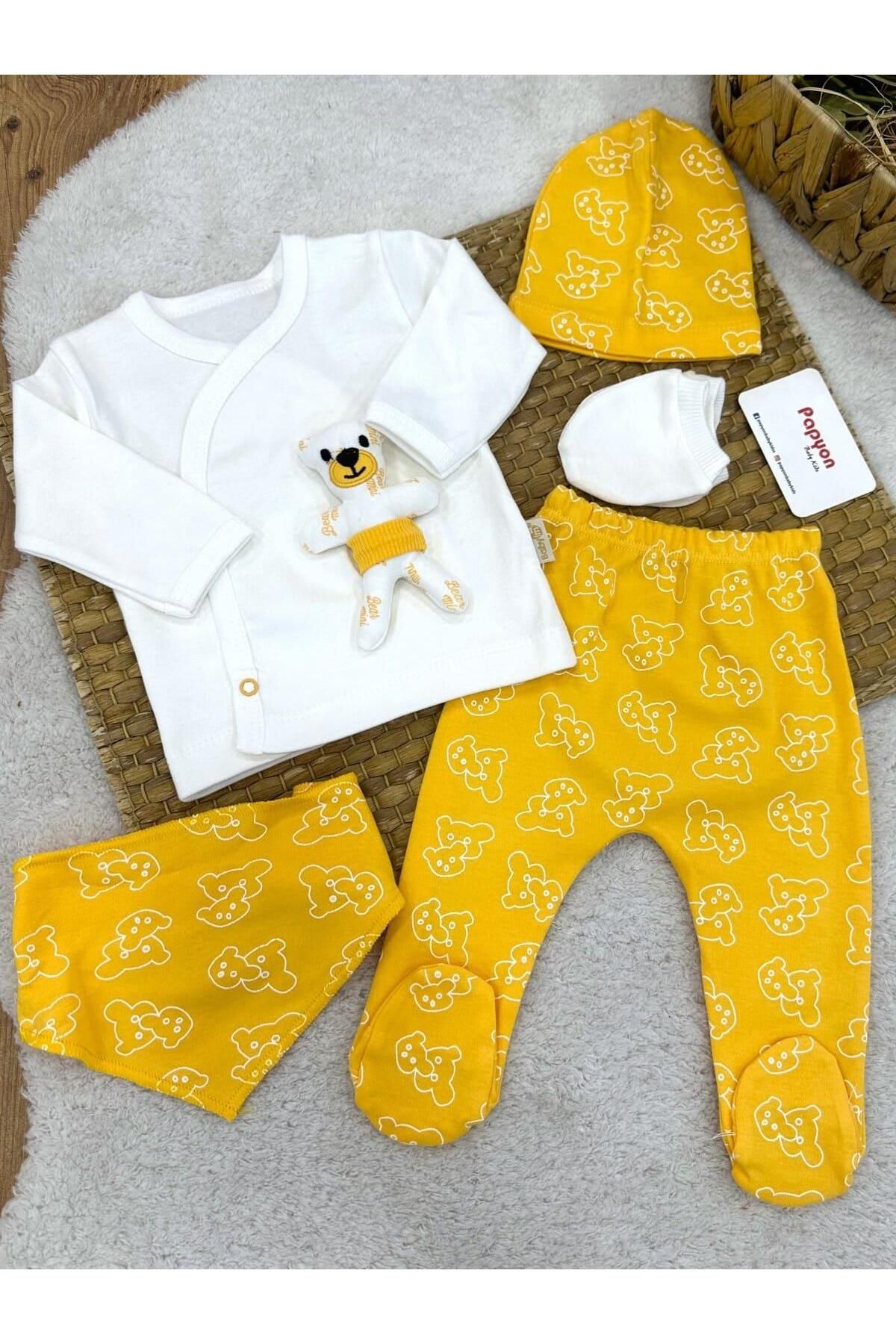 Papyon Baby Kids Ayıcık Aksesuarlı Yenidoğan Erkek Bebek 5li Zıbın Set