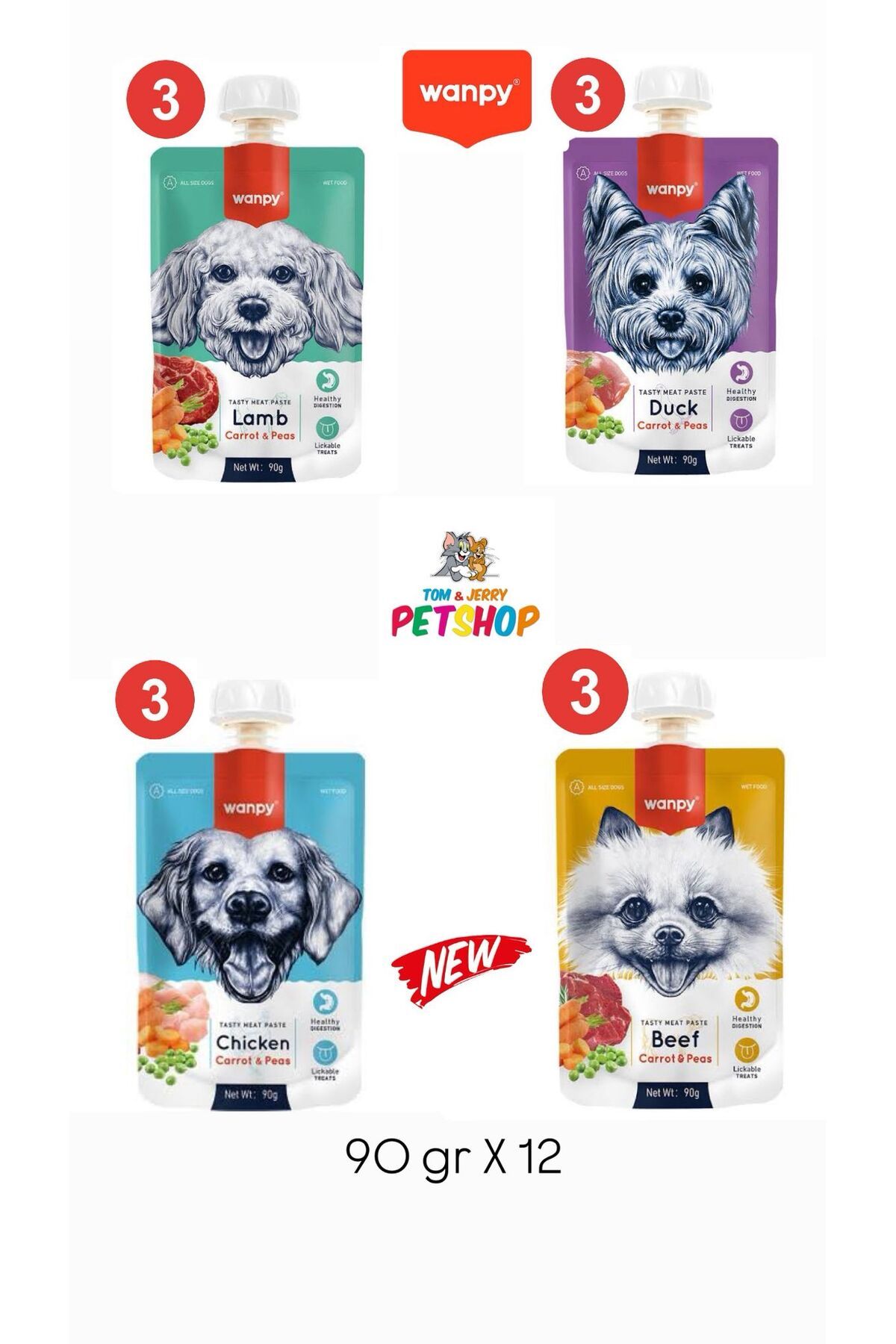 Wanpy TOM&JERRYPETSHOP-Taze Köpek Et Ezmesi (Ördek,Somon,Tavuk,Kuzu)4 Çeşit Karma 90 Gr. X 12 Adet