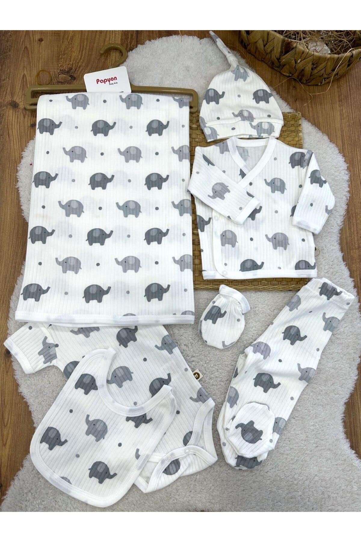Papyon Baby Kids Fil Baskılı Fitilli Yenidoğan Erkek Bebek 7'li Zıbın Set Hastane Çıkışı