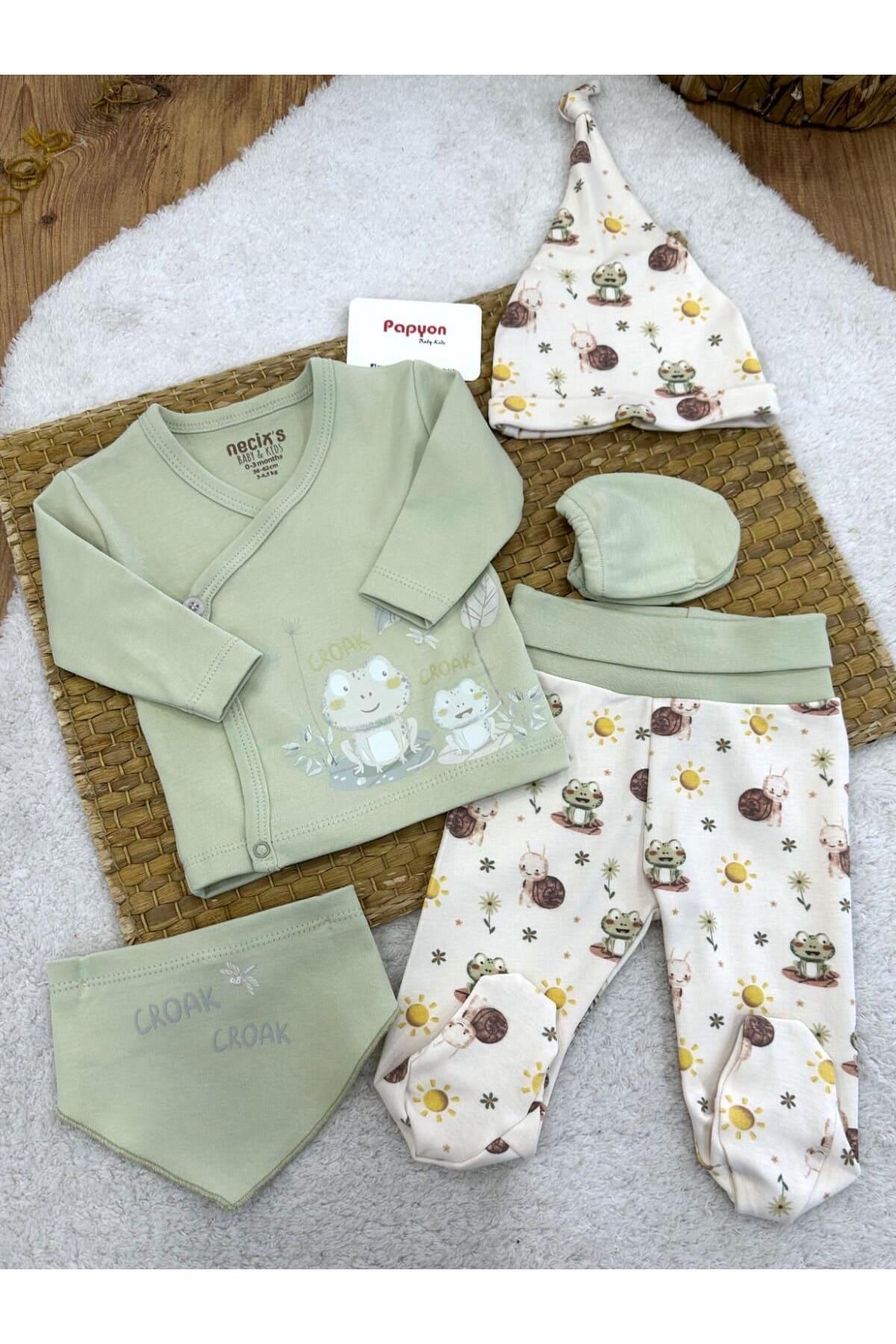 Papyon Baby Kids Kurbağa Baskılı Yenidoğan Erkek Bebek 5li Zıbın Set
