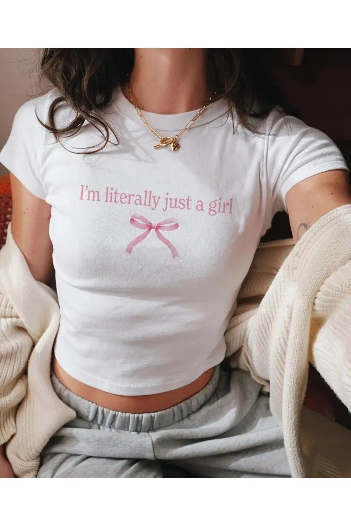 trend selection I'm Literally Just a Girl Baskılı, Bisiklet Yaka, Dar Kesim Kadın Crop T-shirt