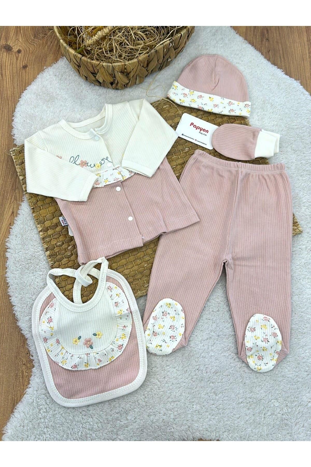 Papyon Baby Kids Çiçekli Fırfırlı Yenidoğan Kız Bebek 5li Zıbın Set Hastane Çıkışı