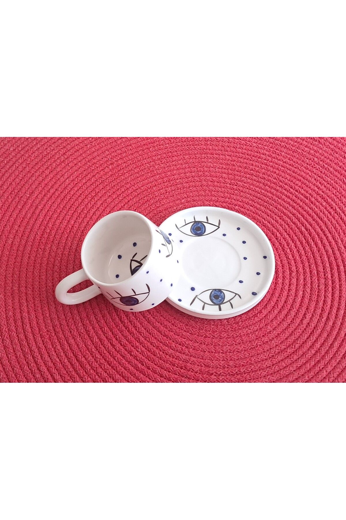 Artiser Nazar dekorlu seramik kupa takımı, Nazar dekorlu seramik mug takımı, EL yapımı fincan takımı