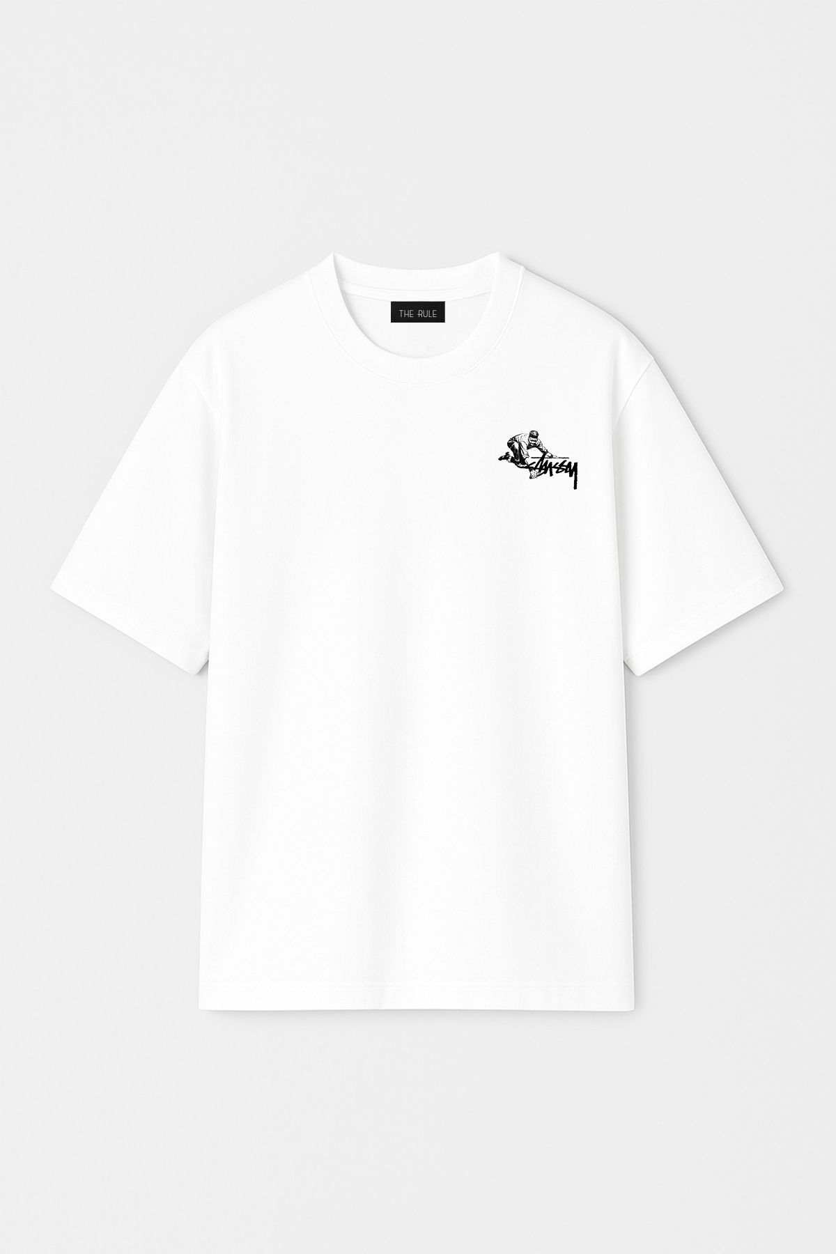 THE RULE Unisex Stüssy Working Man Baskılı Oversize %100 Pamuk Geniş Kesim Bisiklet Yaka Beyaz Tişört RF0529