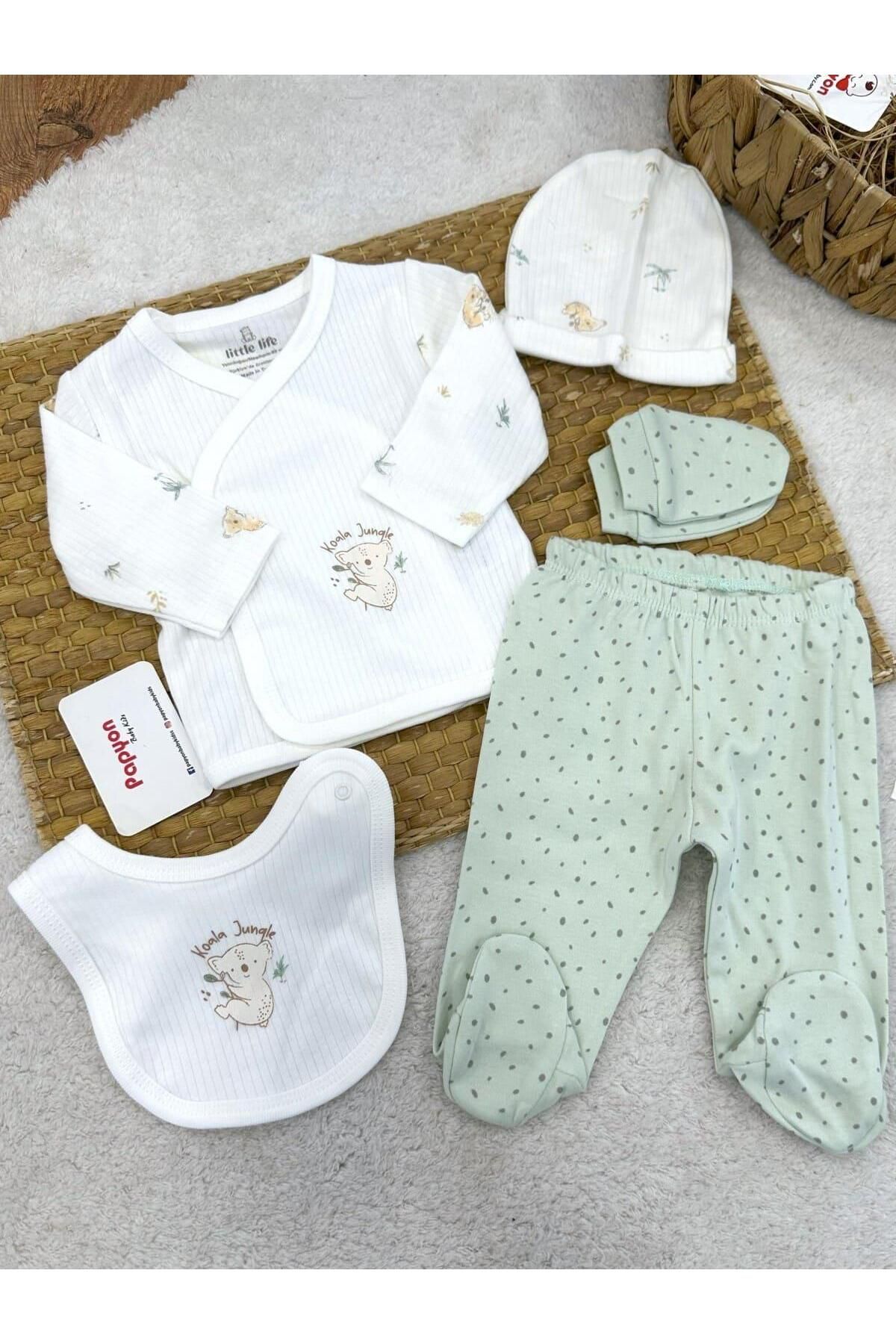 Papyon Baby Kids Koala Jungle Fitilli Yenidoğan Uniseks Bebek 5li Zıbın Set