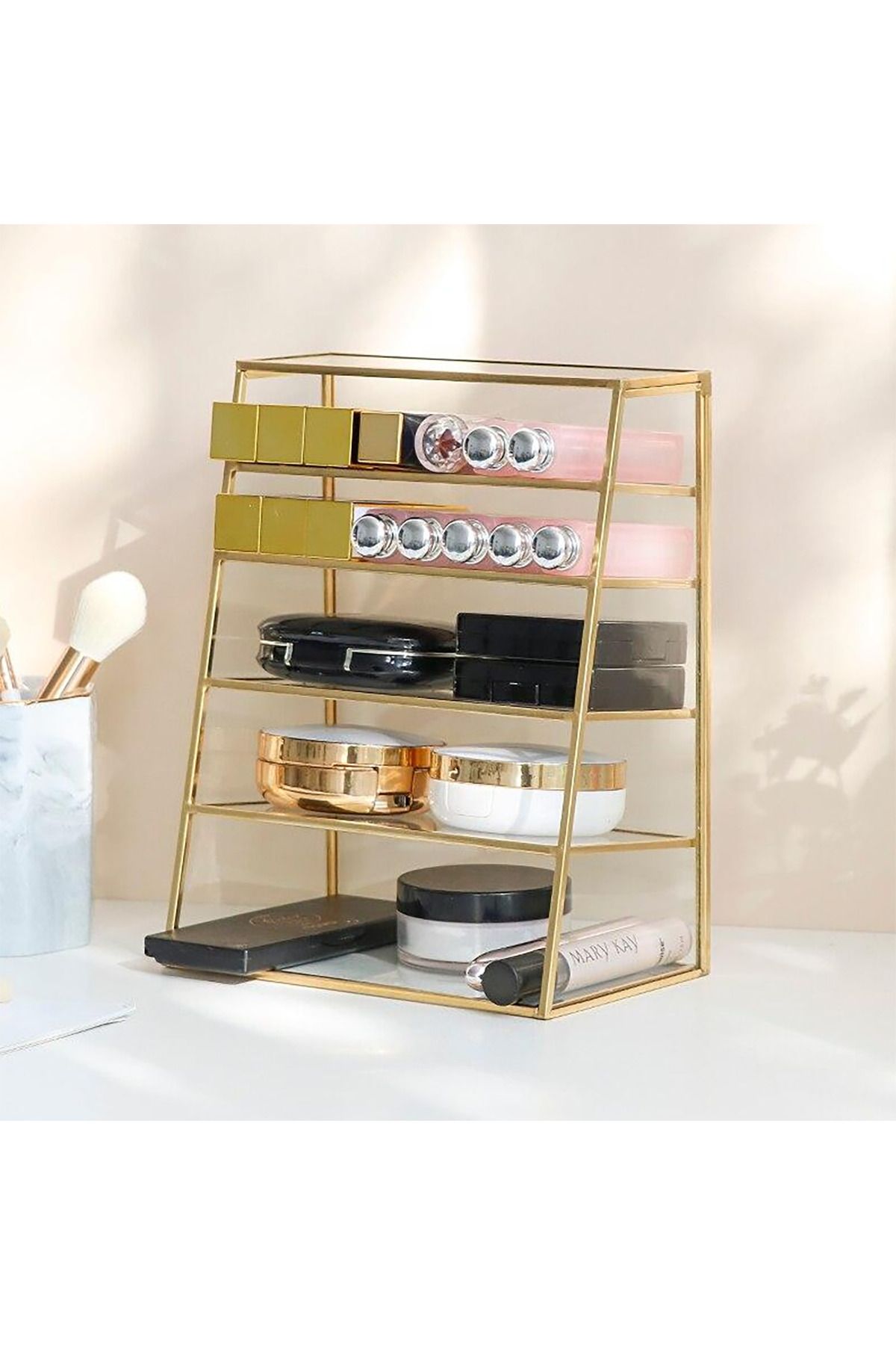 EsaDesign Pirinç Çerçeveli Cam Makyaj Organizeri – Aynalı Tabanlı 5 Katlı Raf | 23x18x11 cm