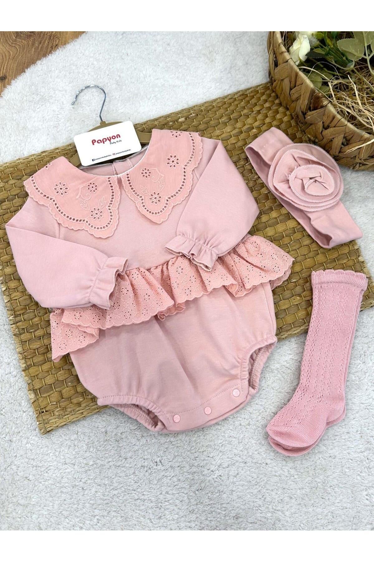 Papyon Baby Kids Elite Güpürlü Çoraplı Kız Bebek Romper Badi (3-6/6-9/9-12 Ay)