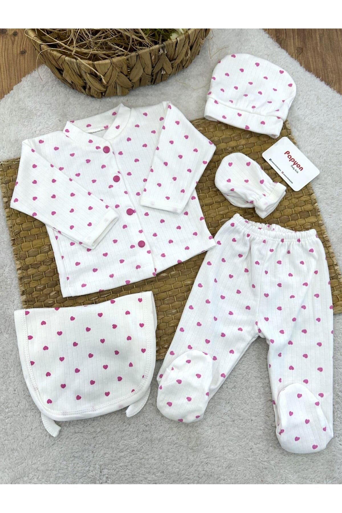 Papyon Baby Kids Kalp Baskılı Fitilli Yenidoğan Kız Bebek 5li Zıbın Set