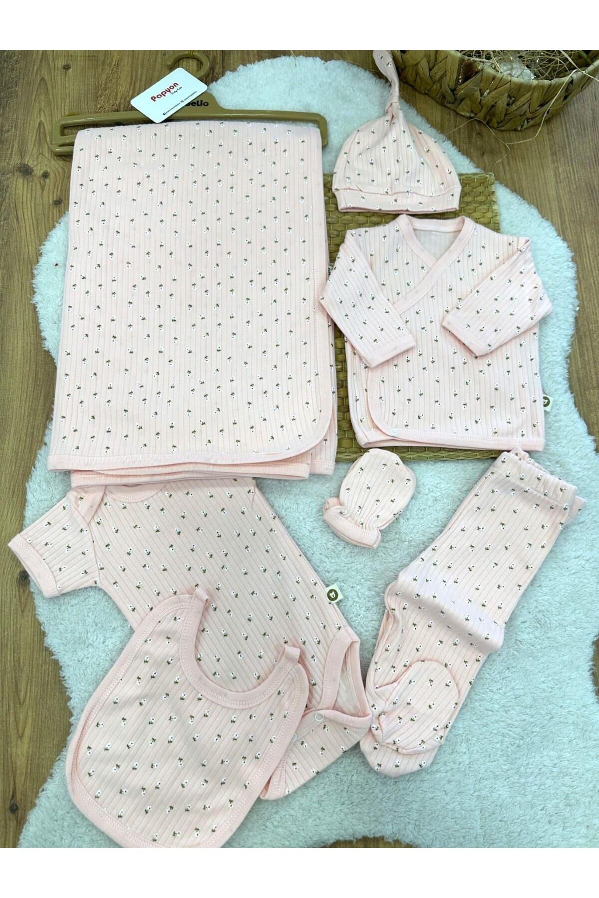 Papyon Baby Kids Minik Papatya Baskılı Fitilli Yenidoğan Kız Bebek 7'li Zıbın Set Hastane Çıkışı