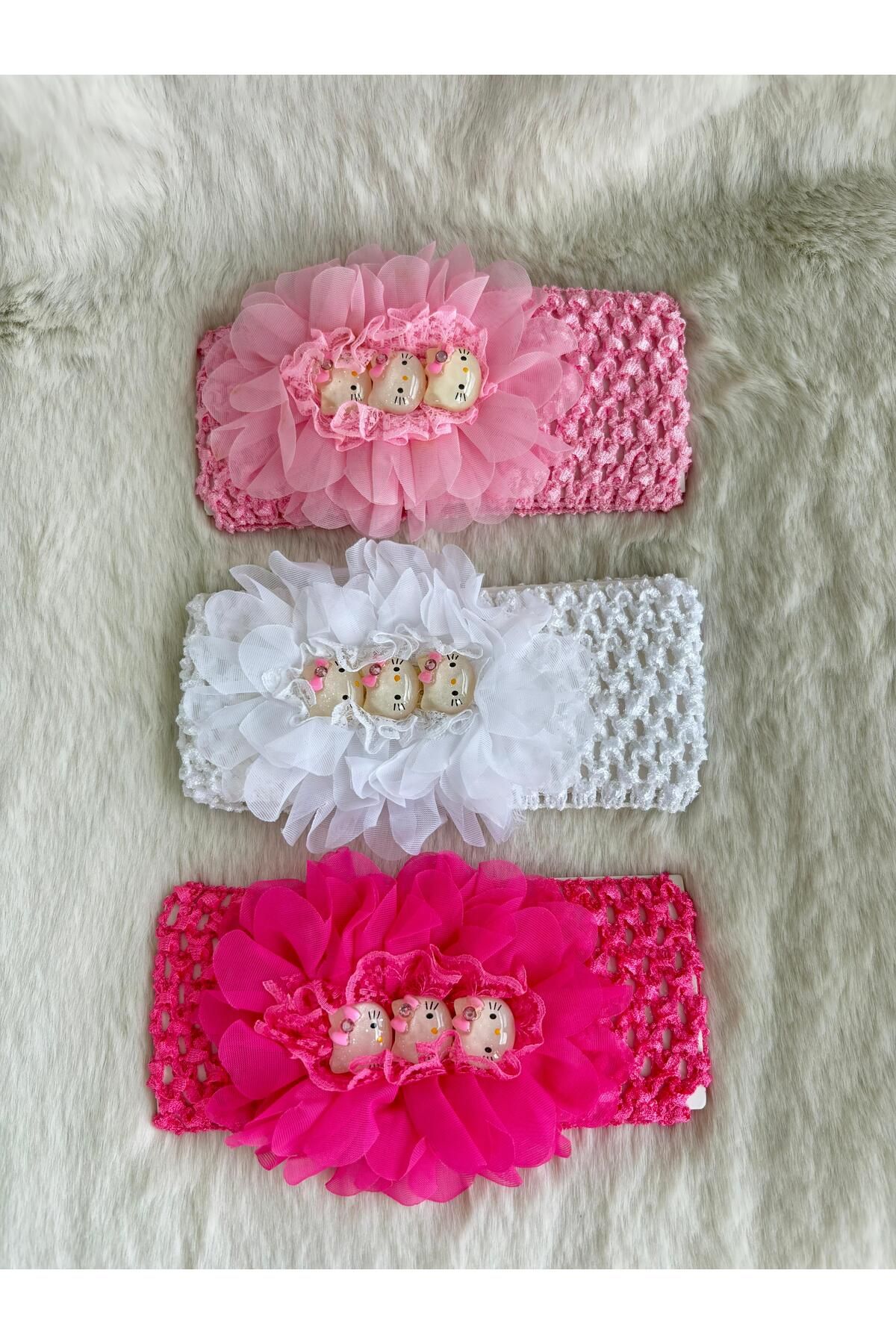 AyKoş aksesuar Hello Kitty 3'lü Pembe Beyaz Fuşya Kız Çocuk Bebek Bandana