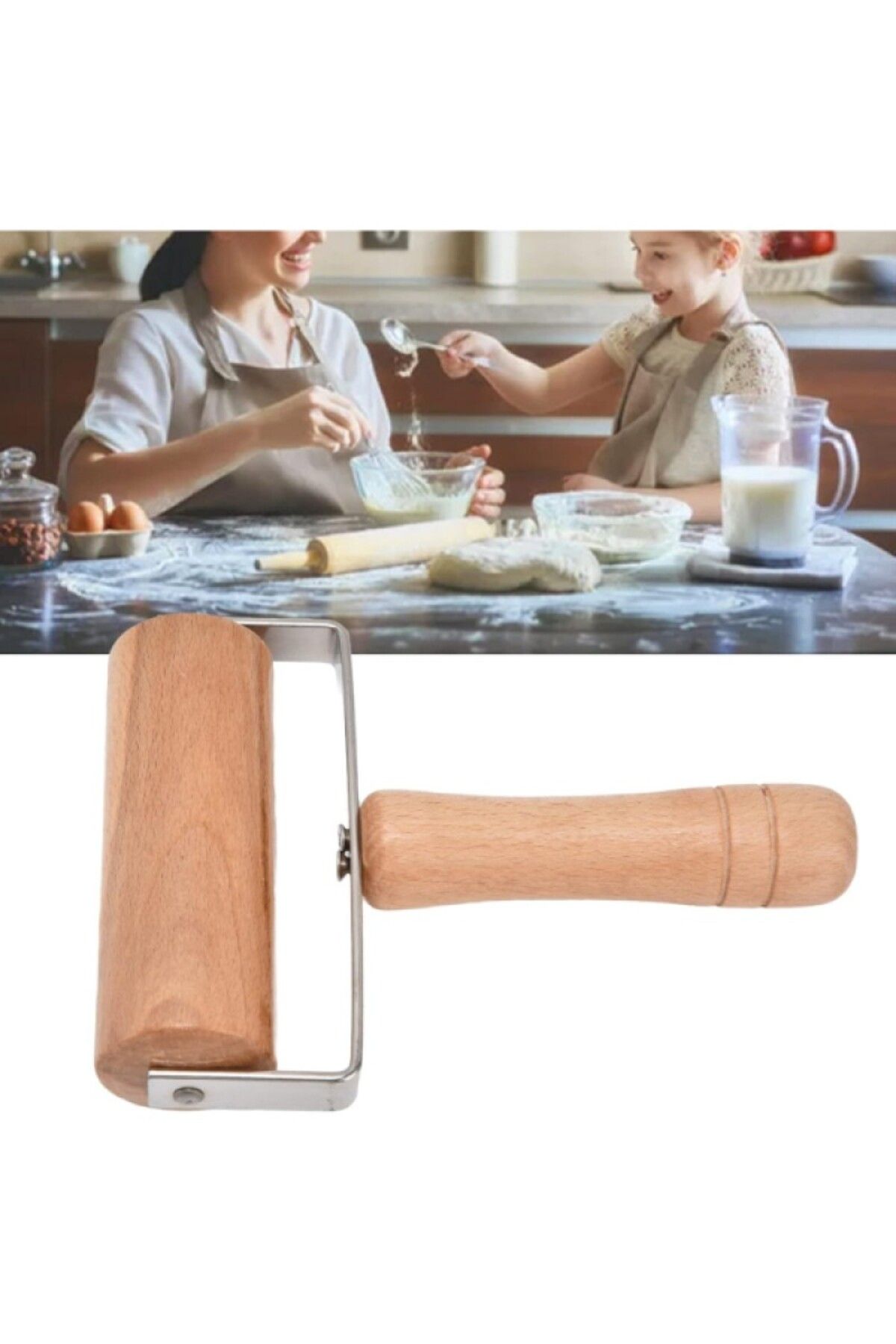 Mersi SHOP Pratik Ahşap Saplı Rulo Hamur Açıcı Merdane Pürüzsüz Oklava Pizza Börek Açma Silindir