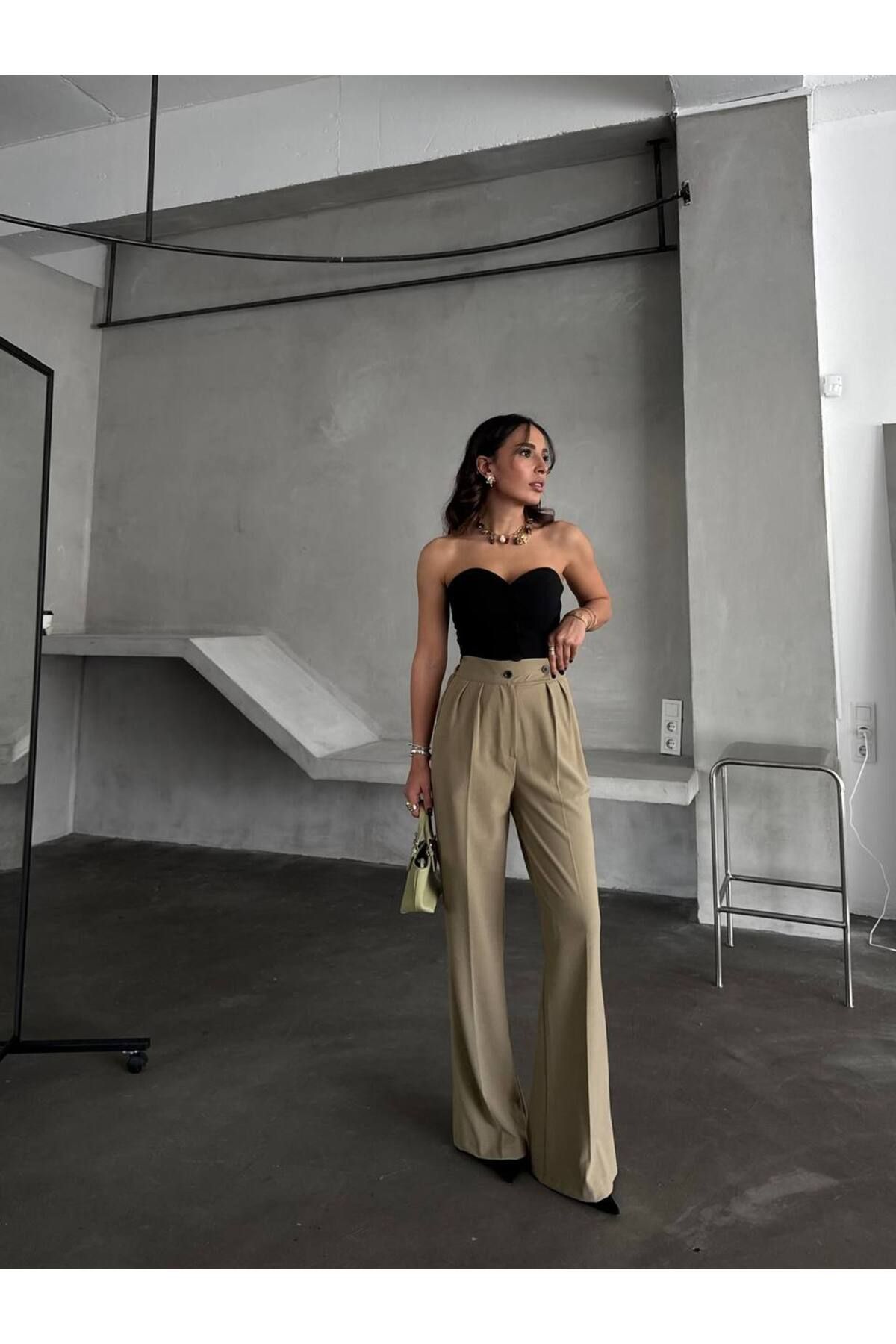 Butik Yüksek Bel Çift Düğmeli Palazzo Pantolon