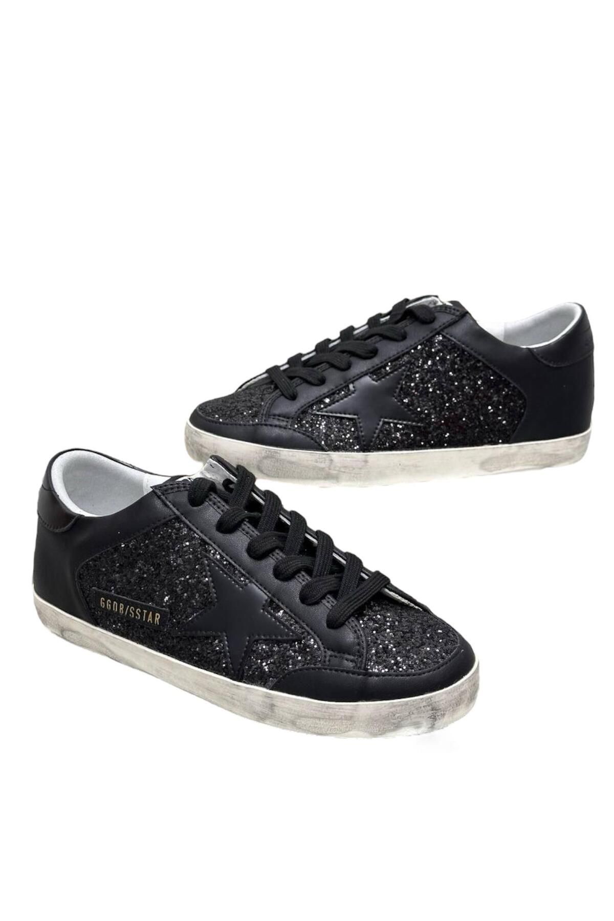 Globalux Women's Gldn Goose Super-Star in Black Nappa And Glitter With Glossy Black Leather Star