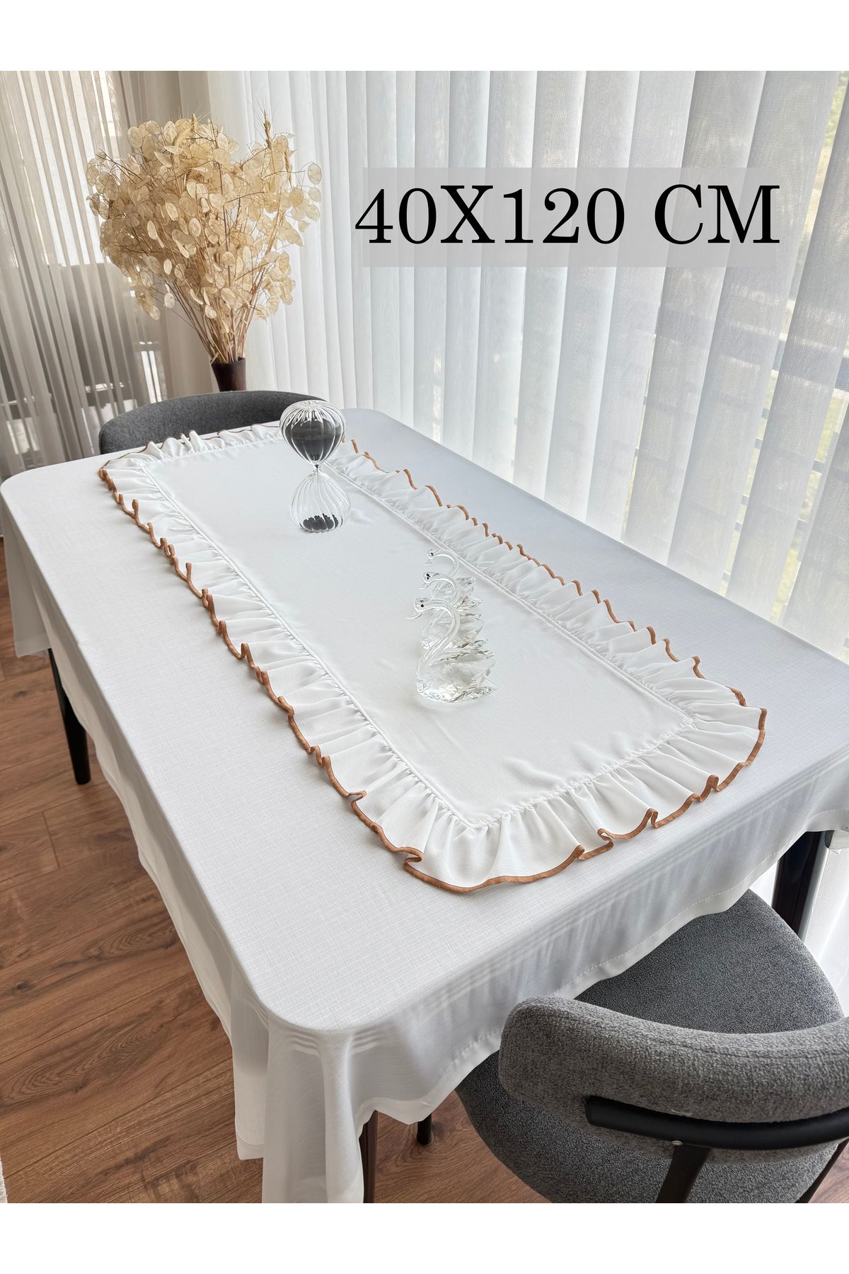 ARS DT Biyeli Görünümlü Fırfırlı Beyaz Keten RUNNER Şık Dekoratif 40X120 cm