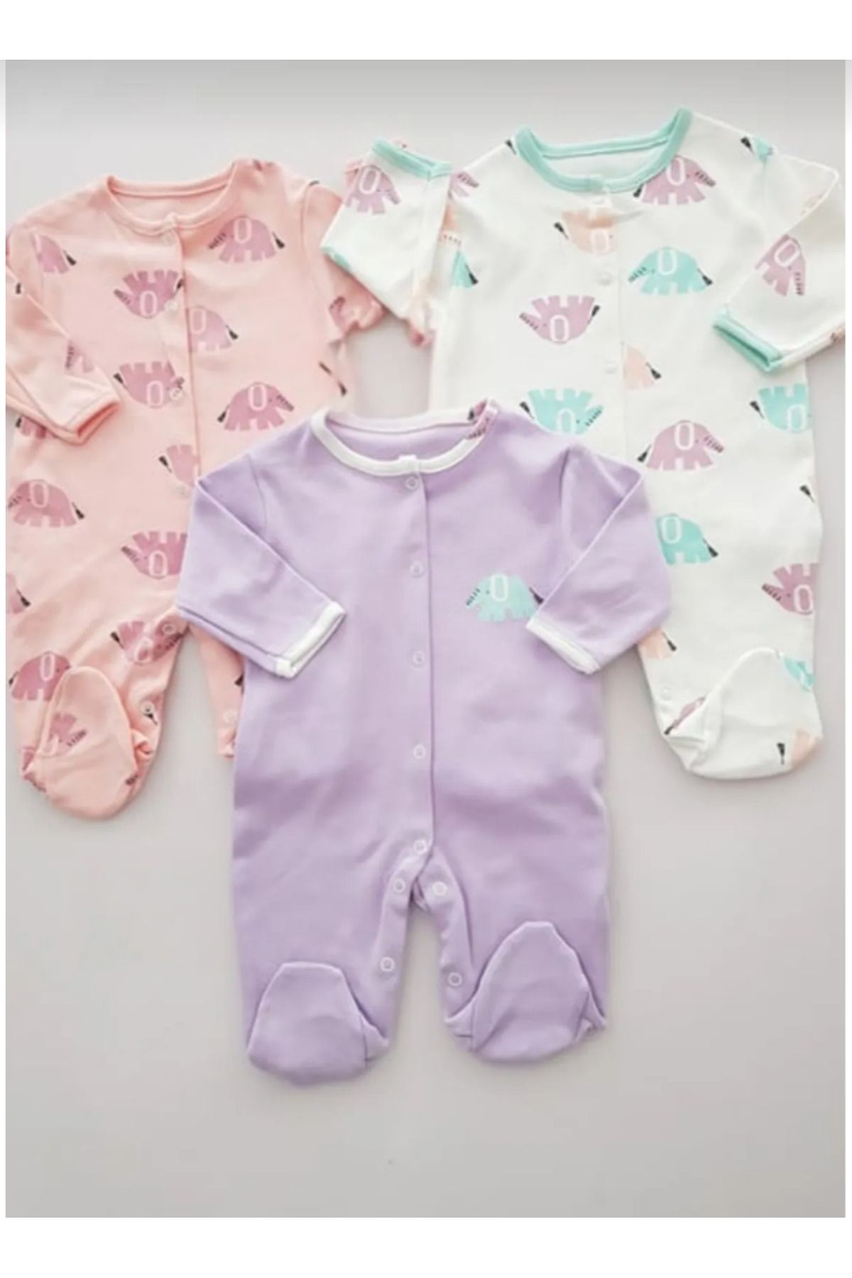 Baby Wings Sevimli Fil Baskılı %100 Pamuk 3'lü Tulum Set