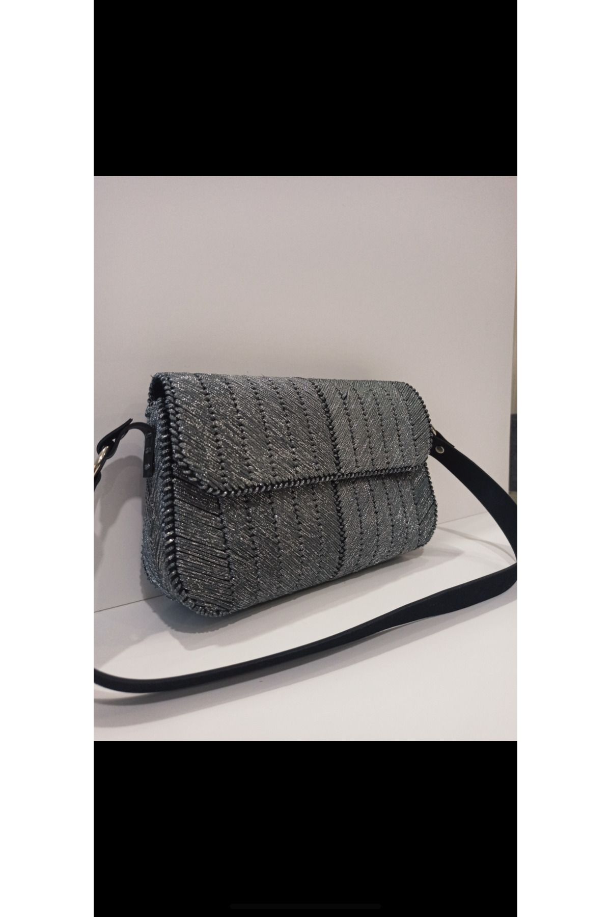 Handmade Siyah Simli Clucth Çanta Gece