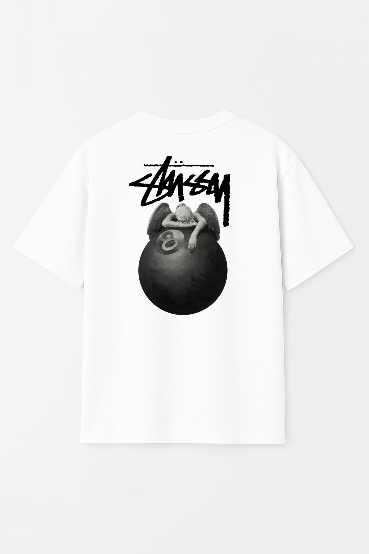 THE RULE Unisex Stüssy Melek Bilardo Topu Baskılı Oversize %100 Pamuk Geniş Kesim Bisiklet Yaka Tişört RF0530