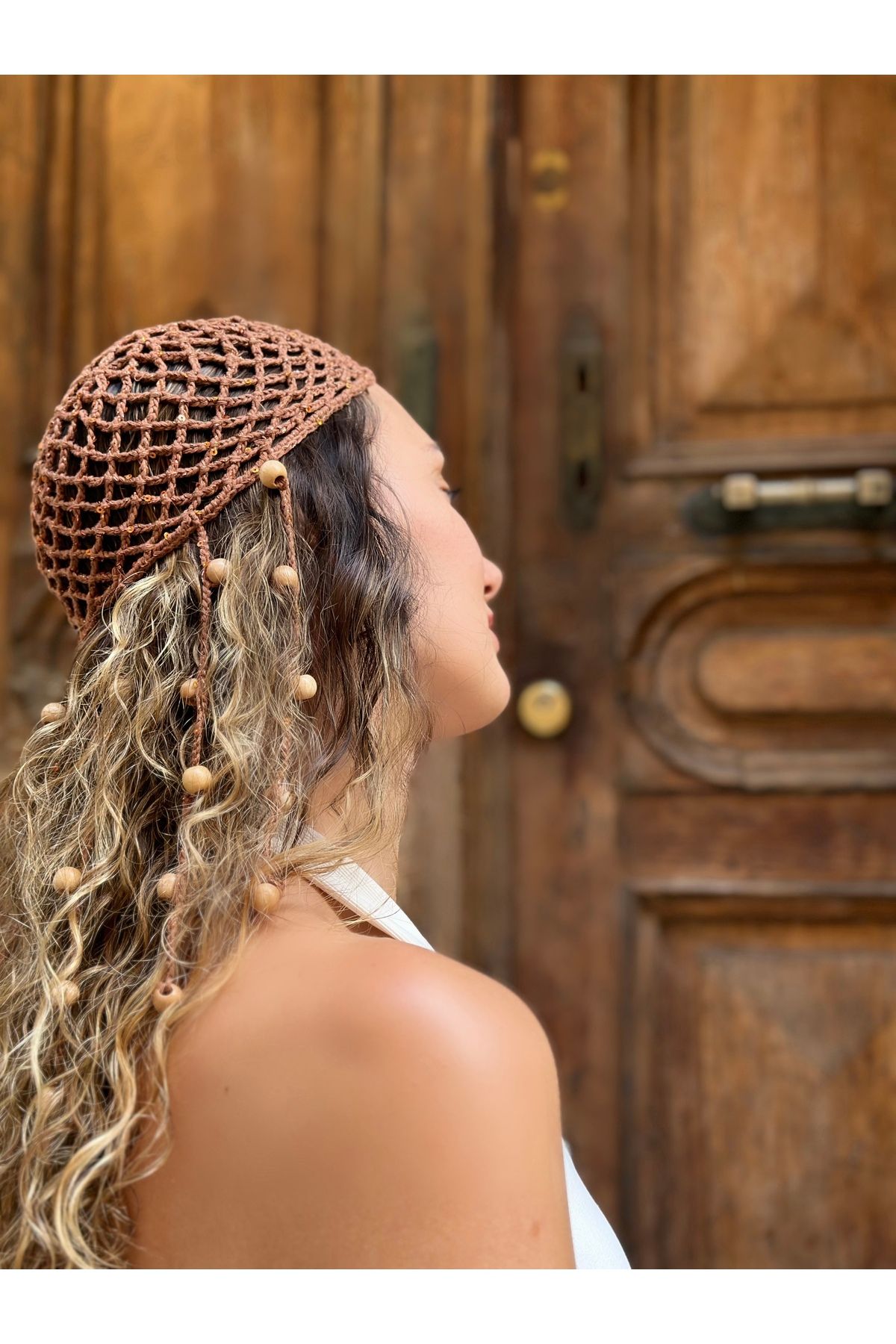 qemareh bag Kahverengi Pullu Örgü Kroşe Saç Filesi Boncuk Detaylı Bohem Bandana