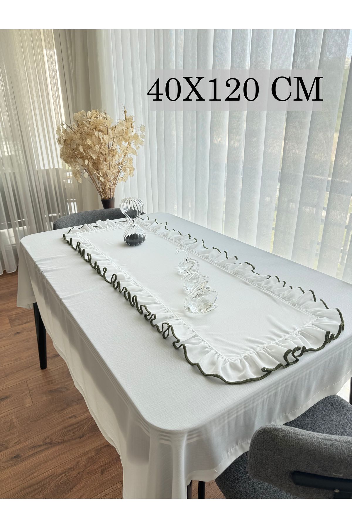 ARS DT Biyeli Görünümlü Fırfırlı Beyaz Keten RUNNER Şık Dekoratif 40X120 cm