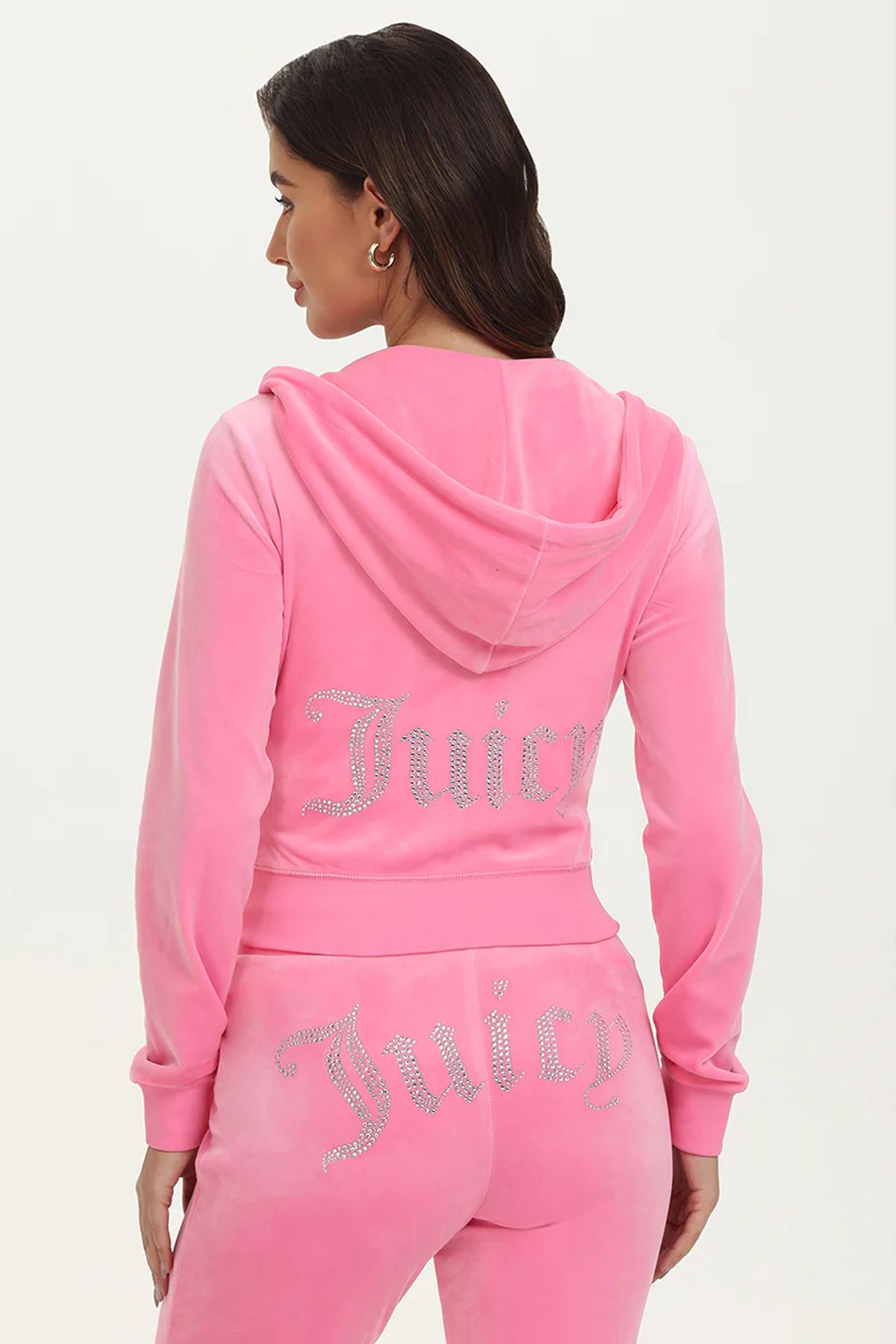 3 ROPE Kadın Kadife Juicy Rhinestone Taş Baskılı Tracksuit Alt Üst Takım