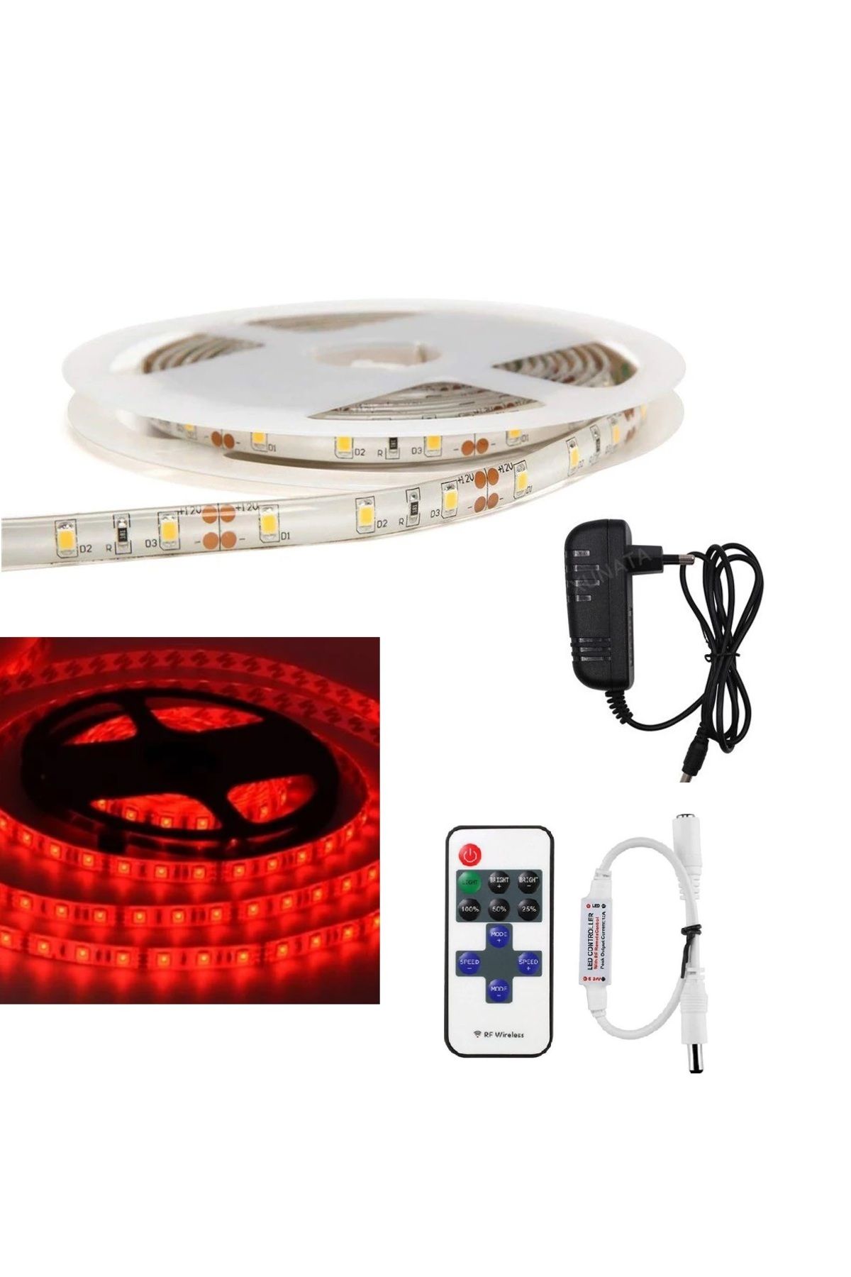 Digielektro Kırmızı Şerit Led RF Kumandalı Kontrol Cihazı 12volt Adaptör Set Tak Çalıştır(5METRE)