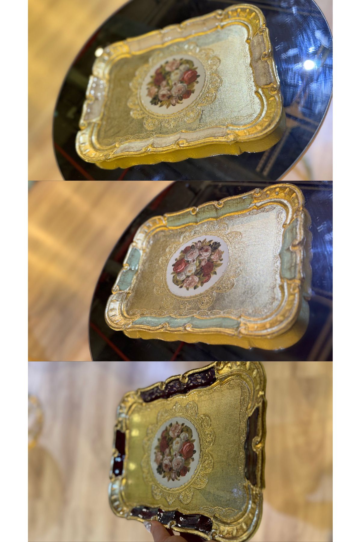 masi ESTERHOMEDECOR 3’lü Tek kişilik orijinal Gül ağacı çiçekli dikdörtgen sunum tepsisi 30cm Masi