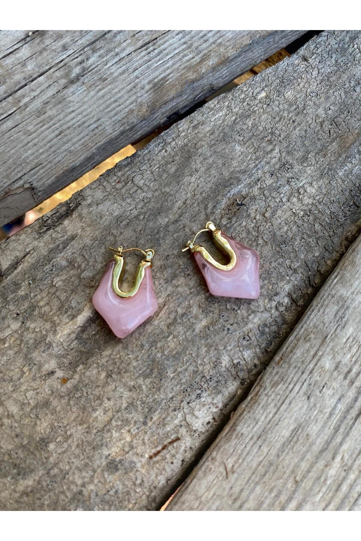 STEEL Pembe Doğal Taş Sanat Küpe
