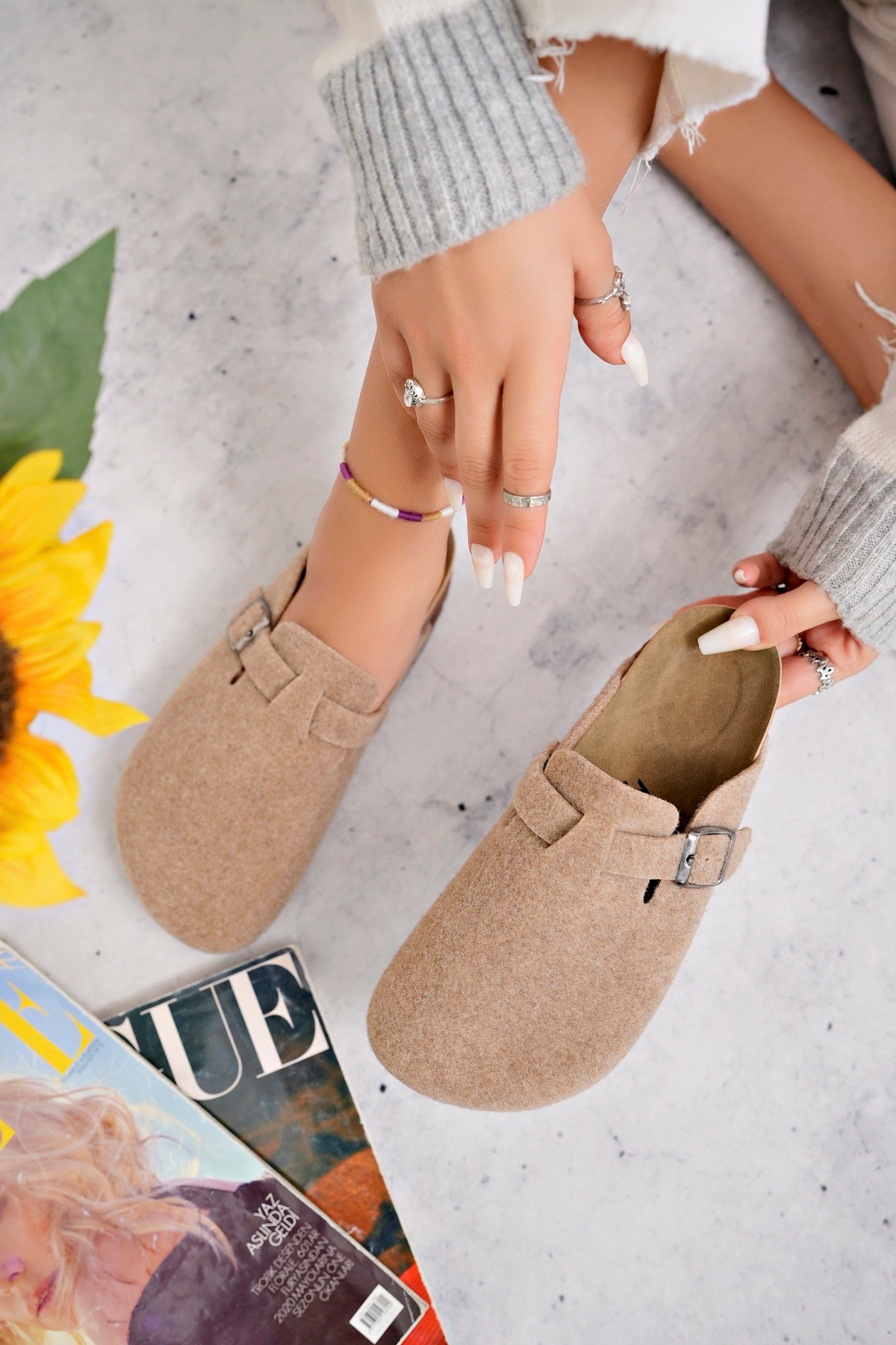 Polomia Comfort Kadın Unisex Mantar Taban Eva Konfor Moda Kışlık Önü Kapalı Keçe Model Sabo Günlük Rahat Ev Terlik görsel 5