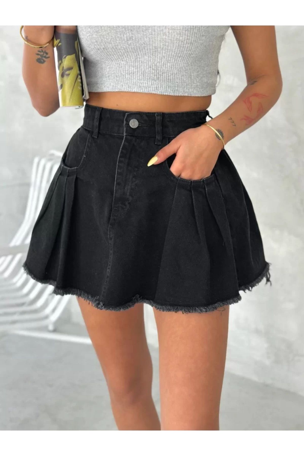 ruum fashions Şık Pileli Yazlık Mini Etekli Kot
