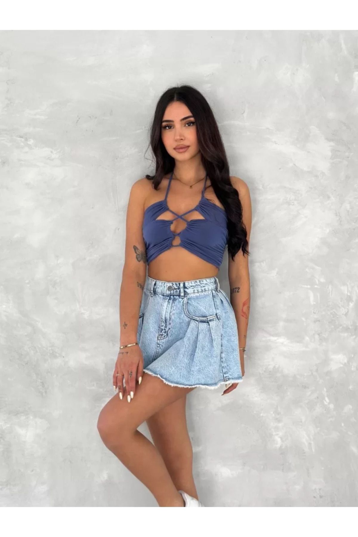 ruum fashions Şık Pileli Yazlık Mini Etekli Kot