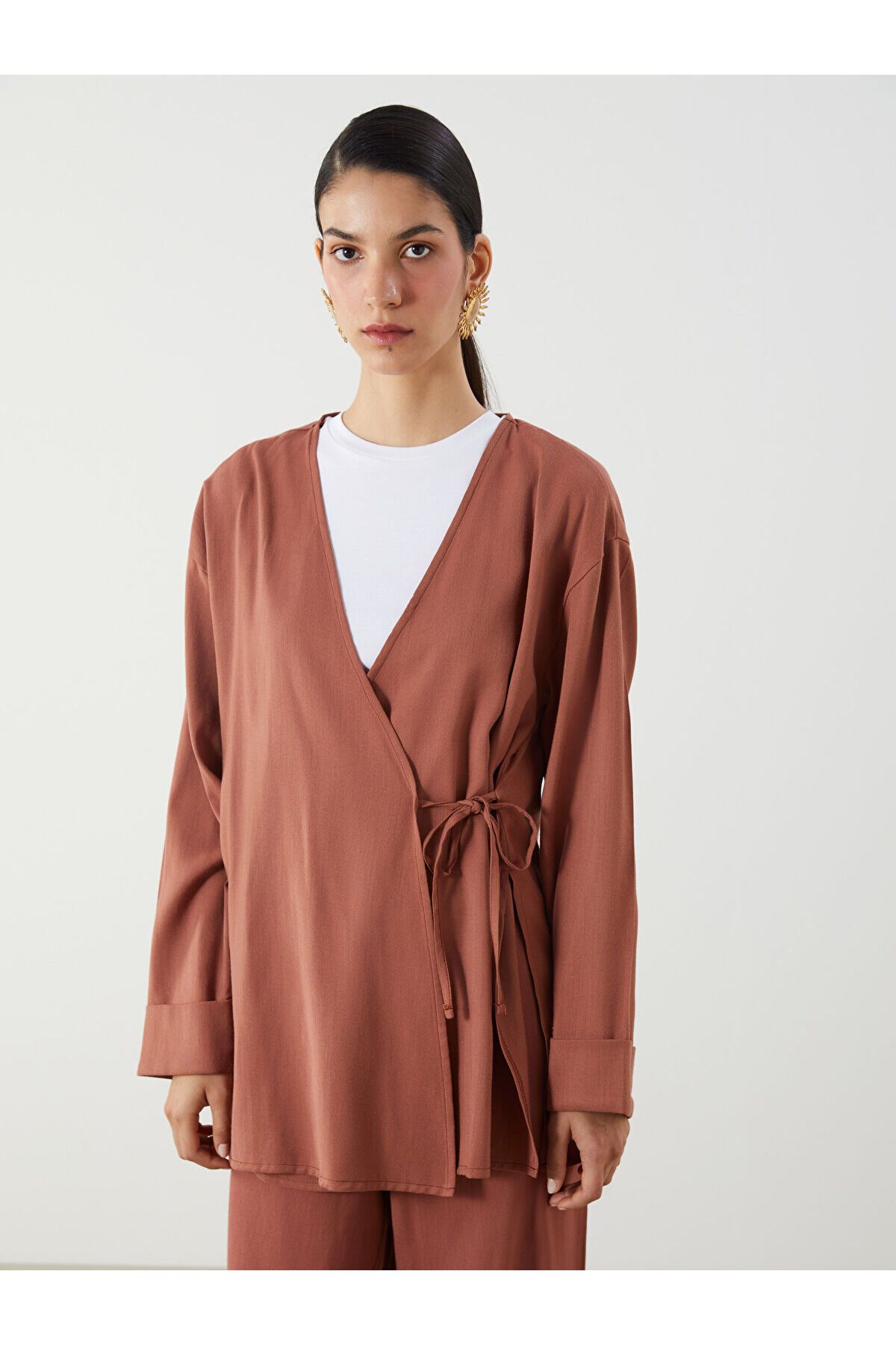 LC Waikiki Kruvaze Yaka Keten Karışımlı Kadın Kimono