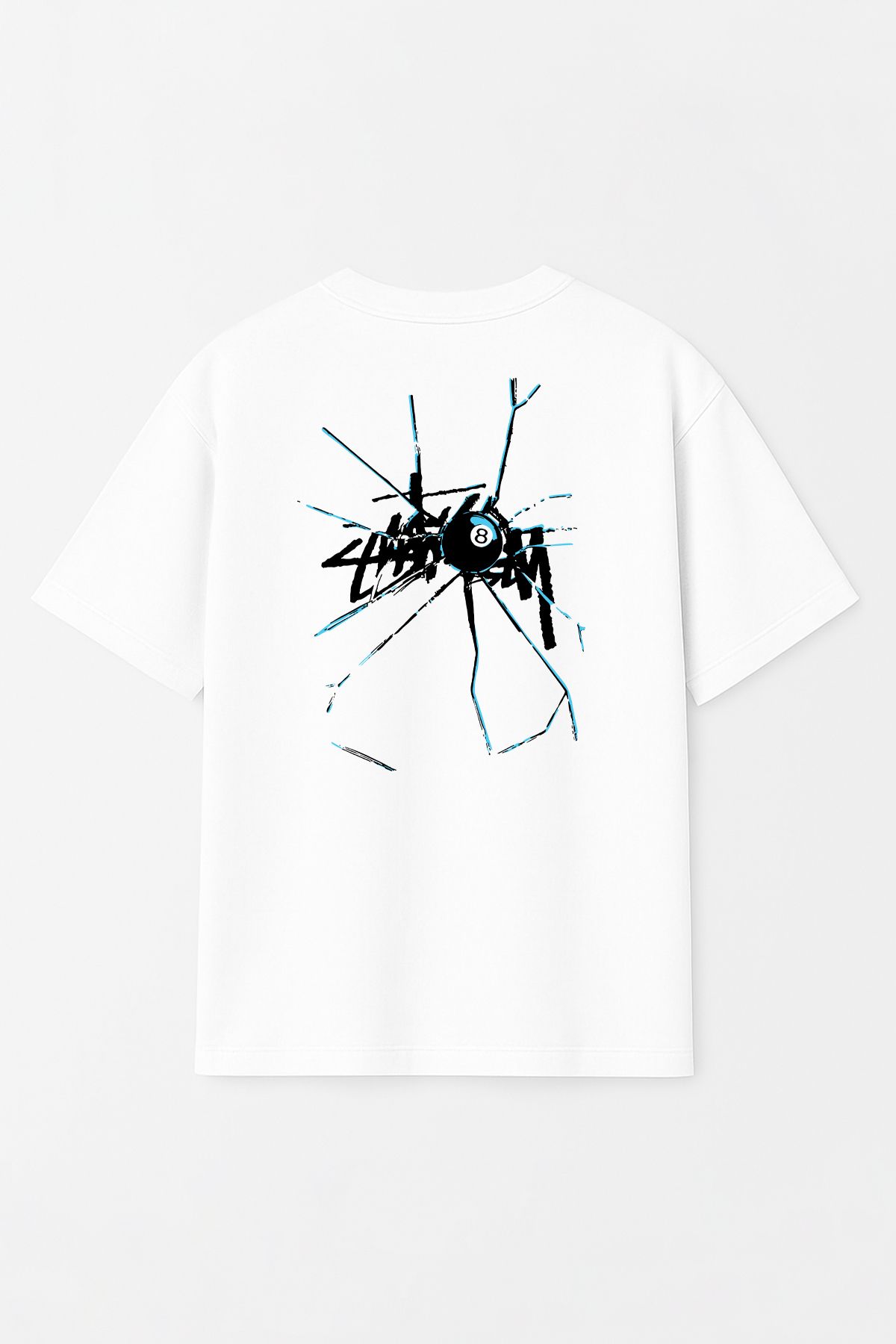 THE RULE Unisex Stüssy Kırık Cam Baskılı Oversize %100 Pamuk Geniş Kesim Bisiklet Yaka Beyaz Tişört RF0528