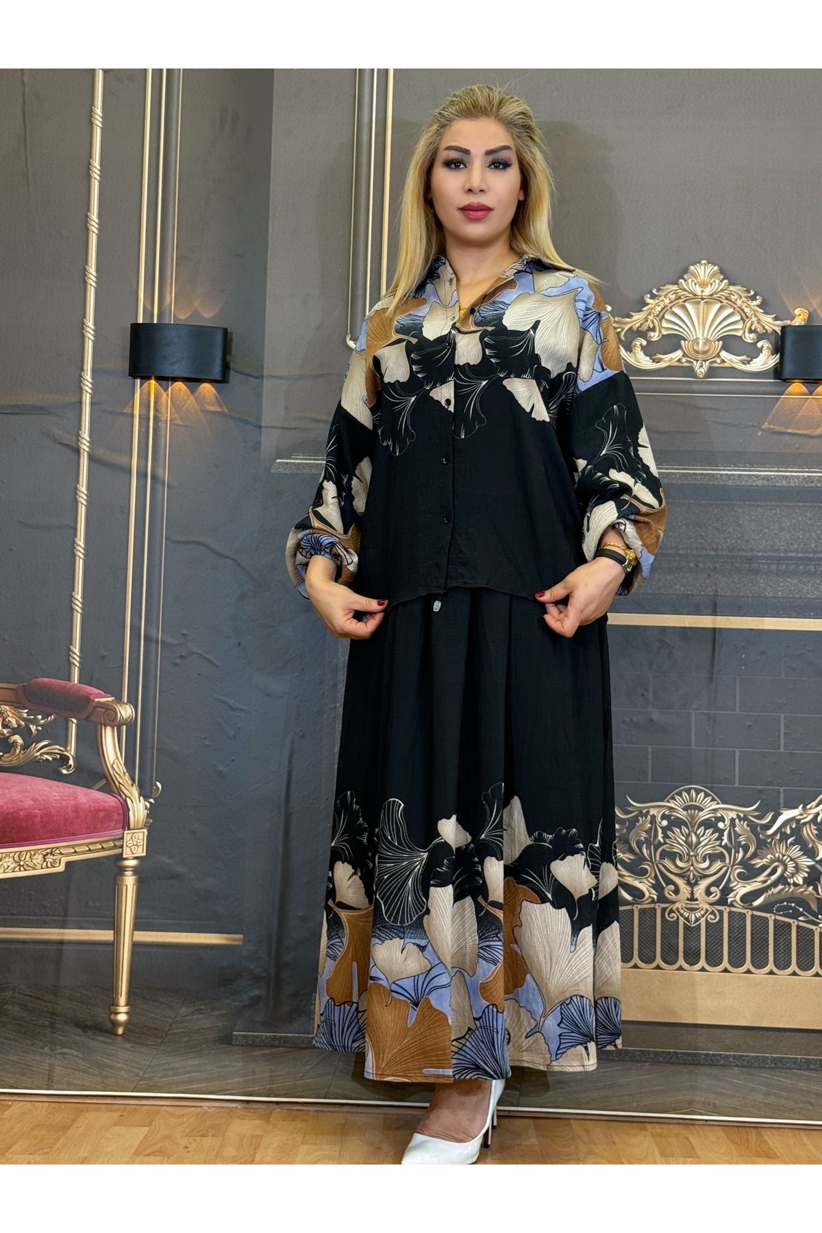 Yeşilmoda Takım,keten kumaş,Yüksek kaliteli,bel Likralı,Düğmeli,Çiçekli kumaş,Günlük,Çok renkli