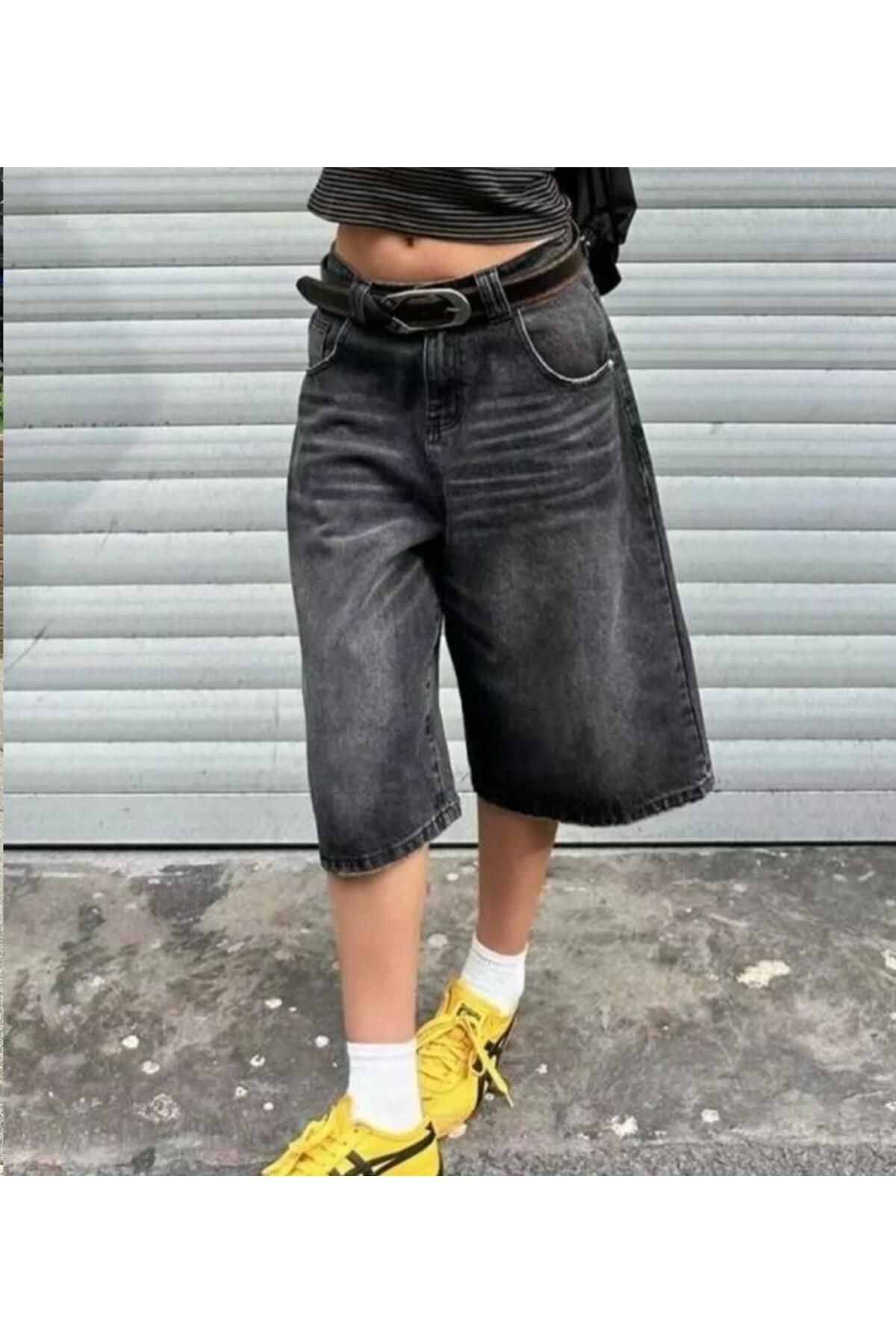 KOTOLOG Unisex Vintage Yıkamalı Retro Kalıp Baggy Jean Kapri Bermuda