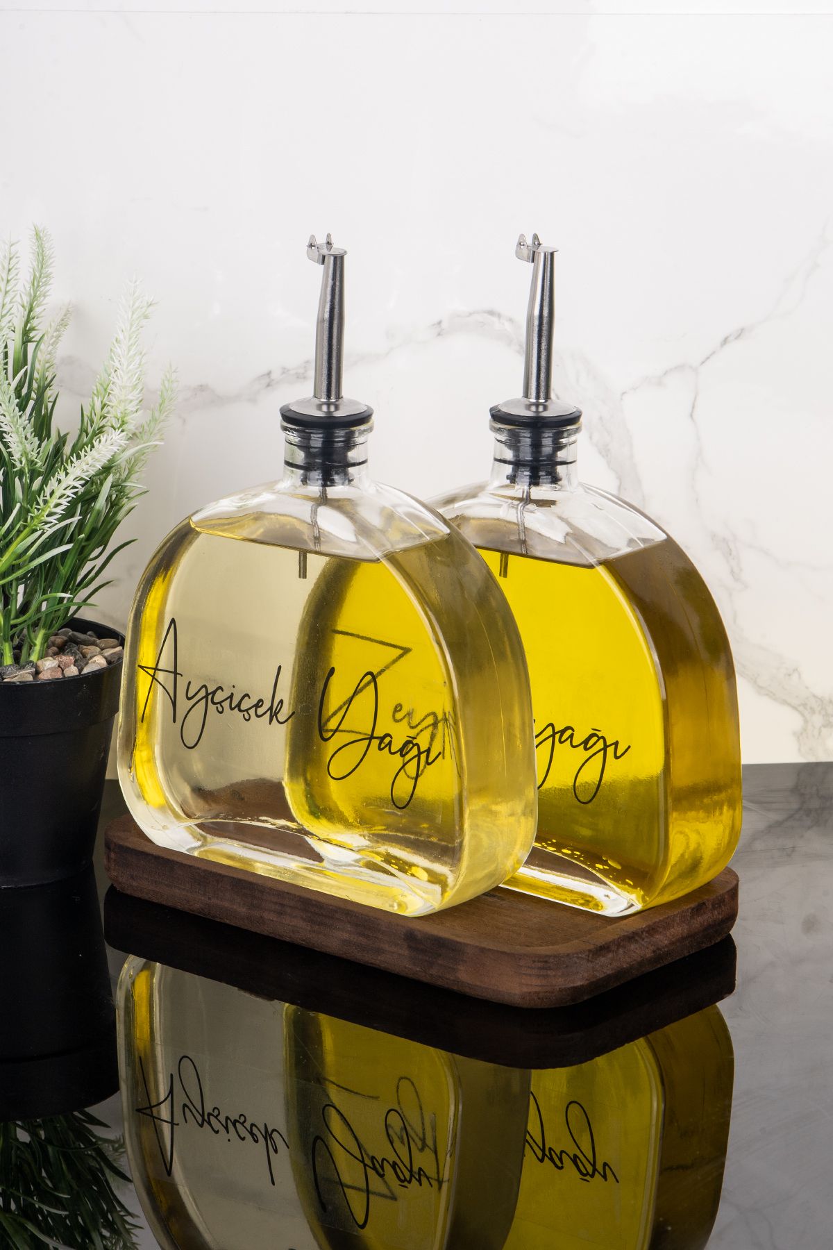 Dolkin Home 2li Lüx 500ml Yağdanlık Ahşap Standlı Silver Kapak Cam Yağlık Zeytinyağı AyçiçekYağı Sosluk Sirkelik