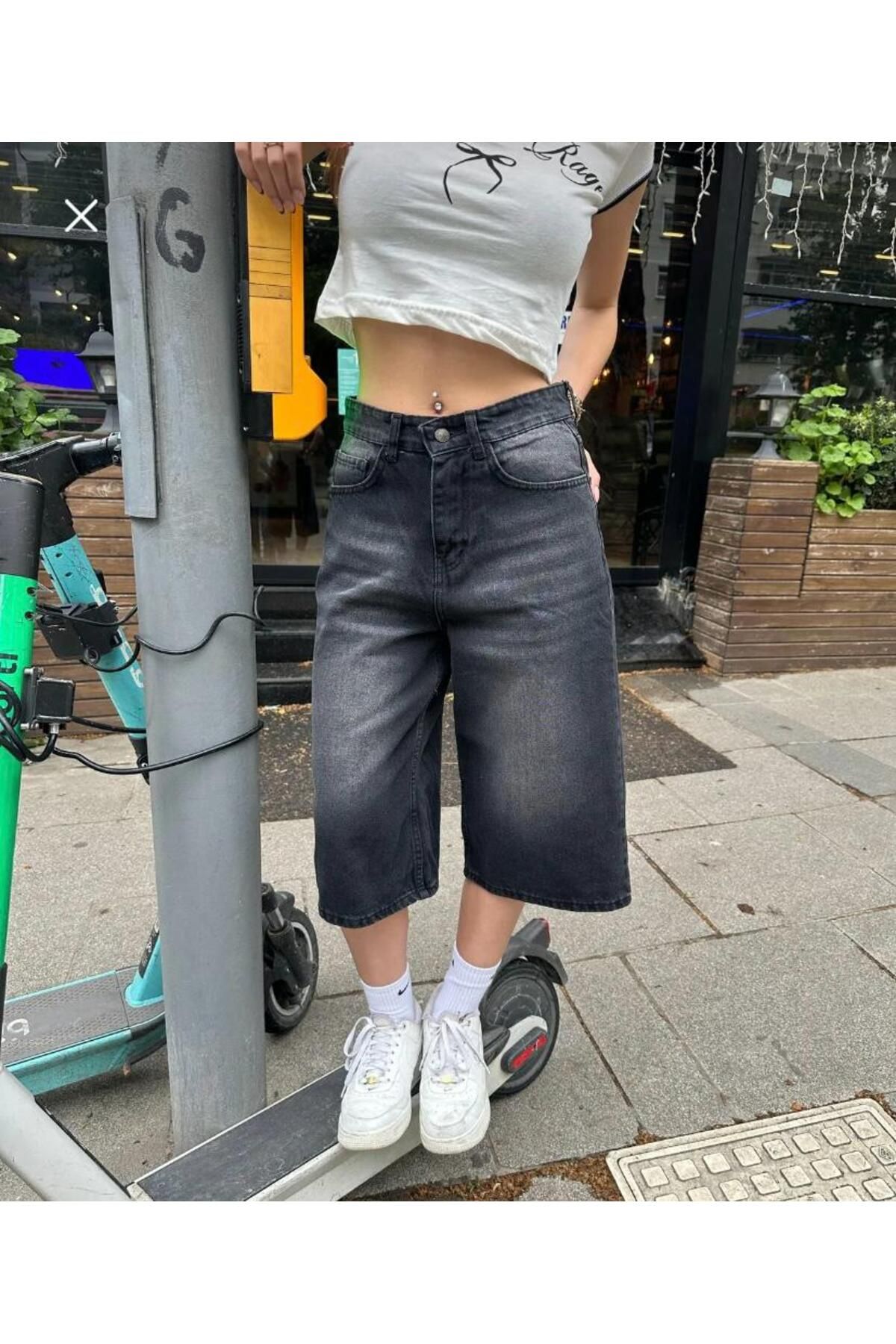 KOTOLOG Unisex Vintage Yıkamalı Retro Kalıp Baggy Jean Kapri Bermuda