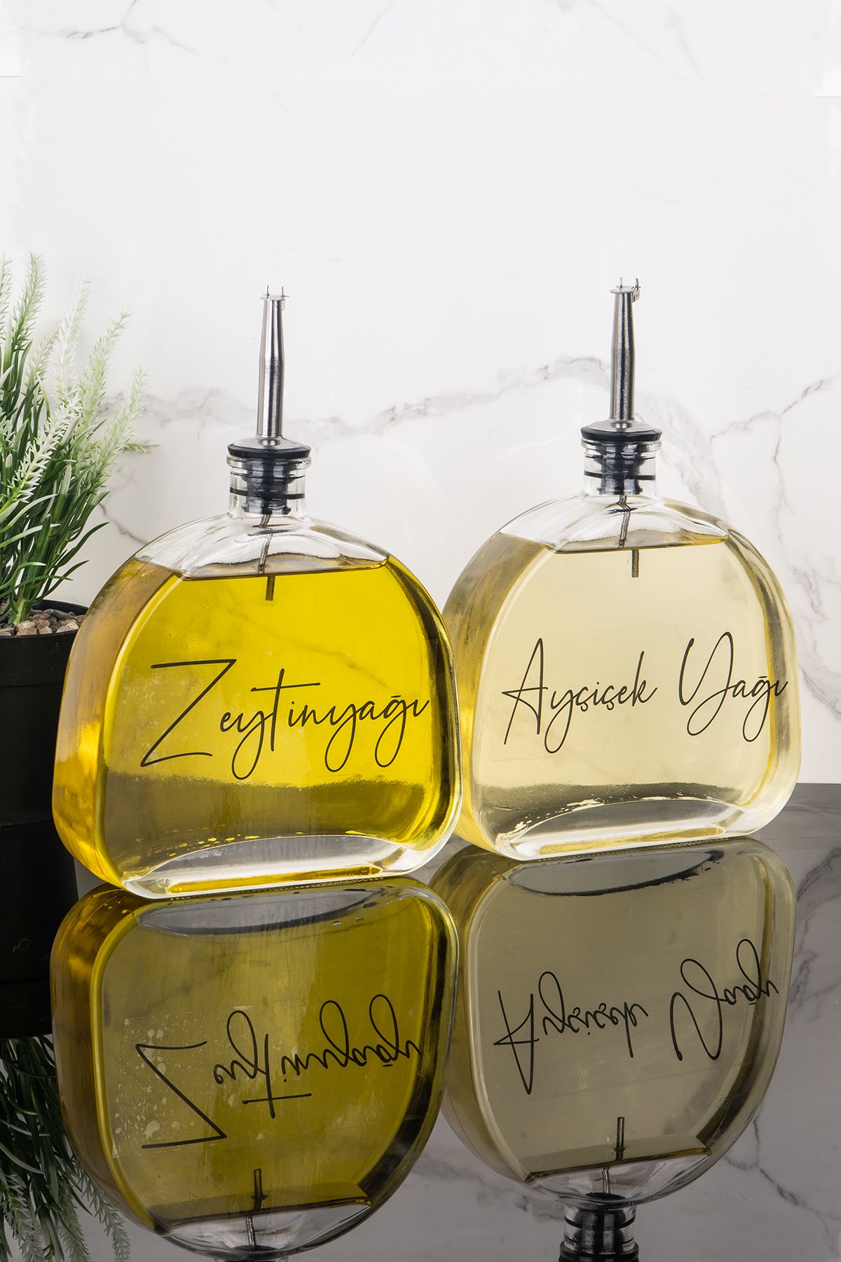 Dolkin Home 2'li Lüks 500 ml Yağdanlık Silver Kapak Cam Yağlık Zeytinyağı Ayçiçek Yağı Etiketli Sosluk Sirkelik