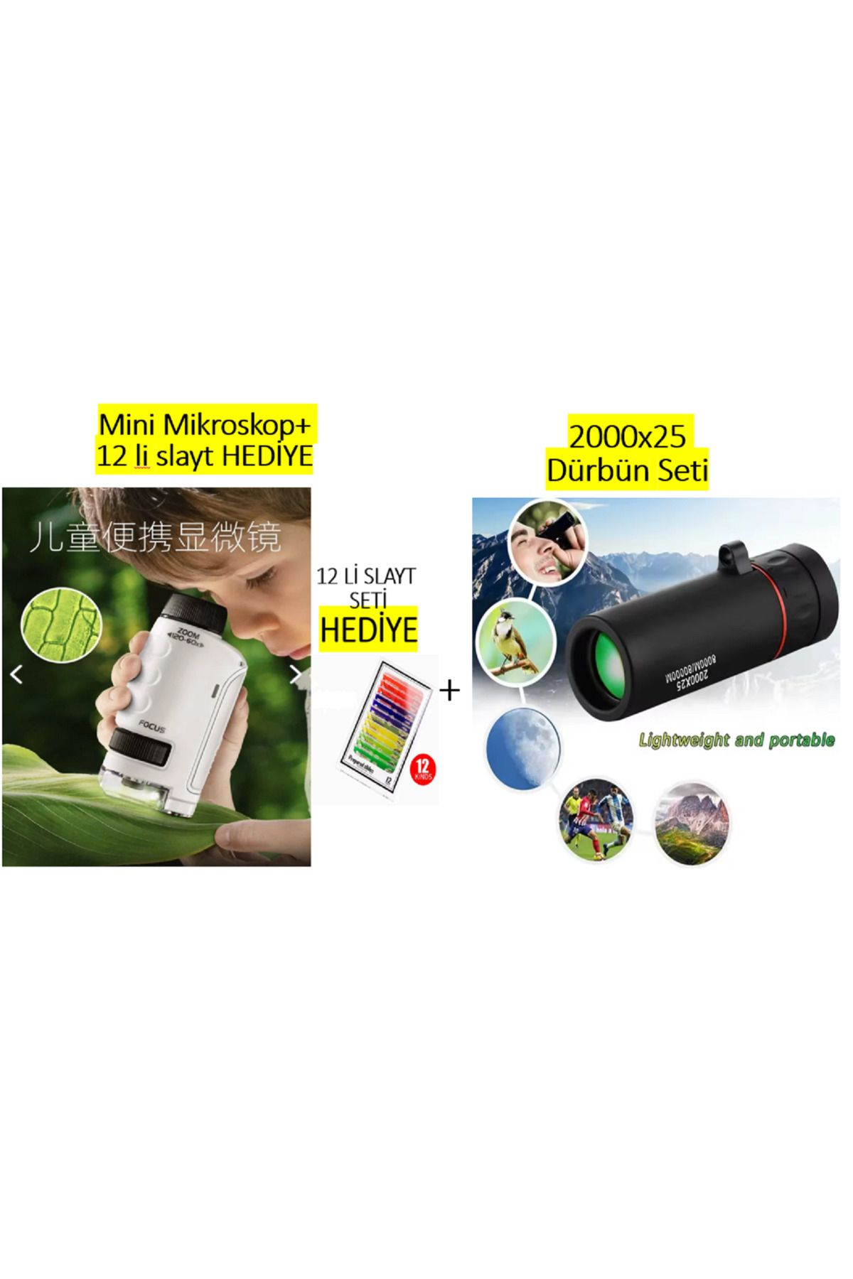 İMGESEL Çocuklar için Eğitici 2 li set -Işıklı Zoomlu 12 Örnek HEDİYELİ El Mikroskobu+2000x25 Mini El Dürbün