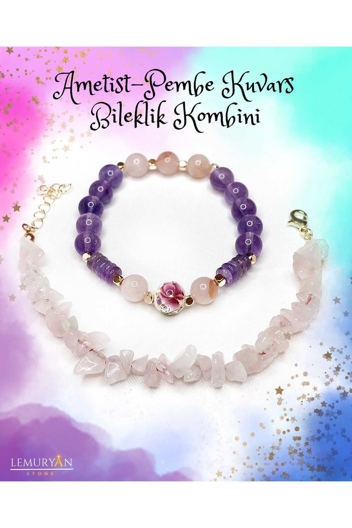 Herkimer Doğal Taş Ametist & Pembe Kuvars Doğaltaş Tasarım Bileklik Kombini