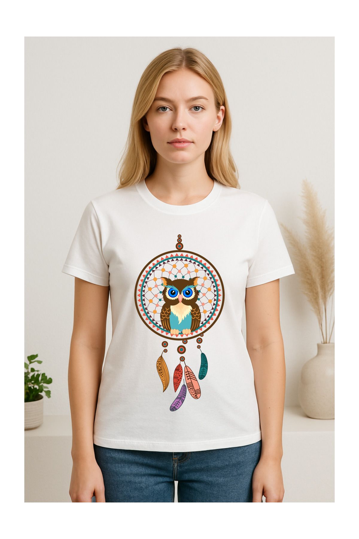 MODA Kısa Kollu, Regular Kalıp, Bohem Desen (Baykuş), Kadın TSHIRT