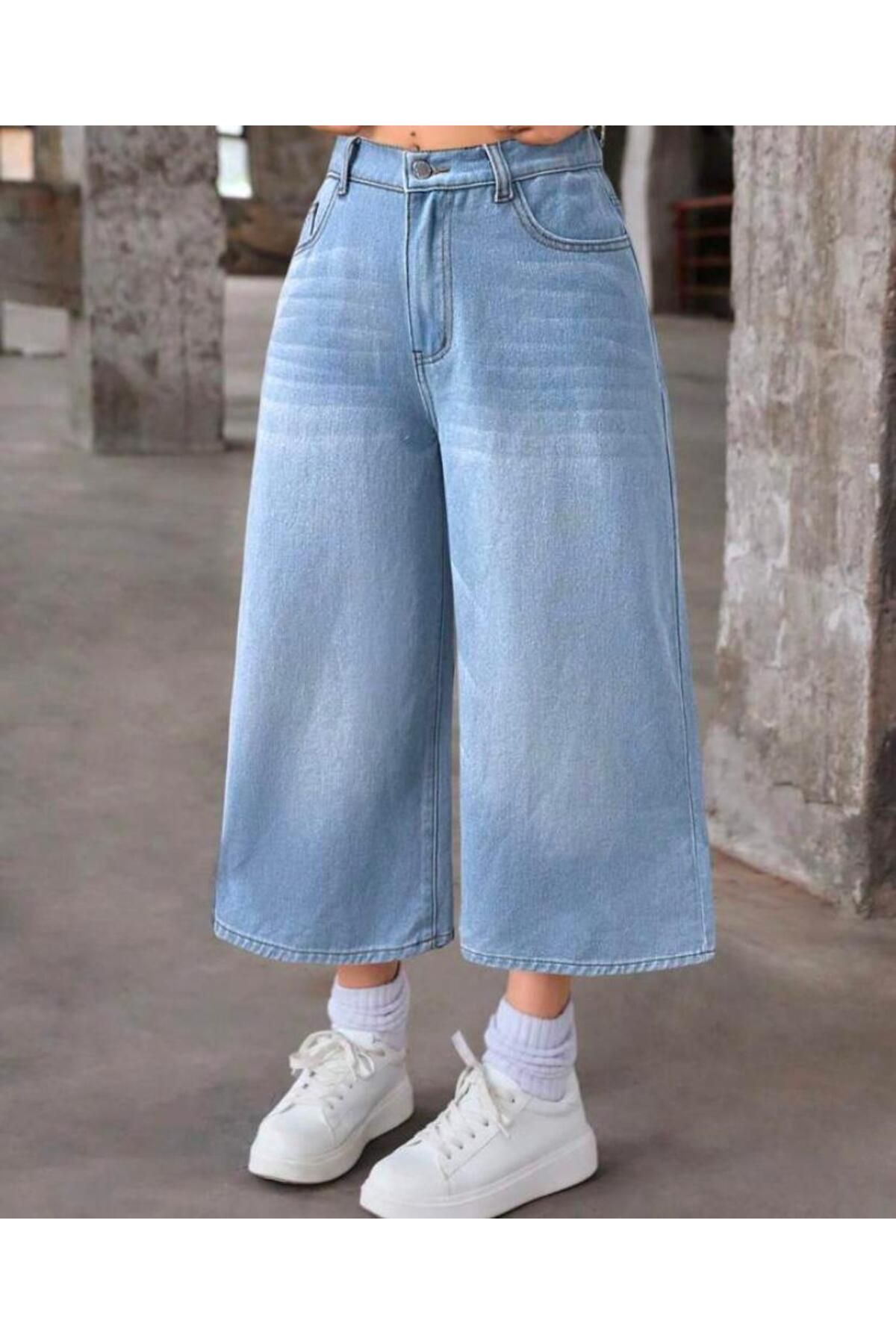 KOTOLOG Unisex Vintage Yıkamalı Retro Kalıp Baggy Jean Kapri Bermuda