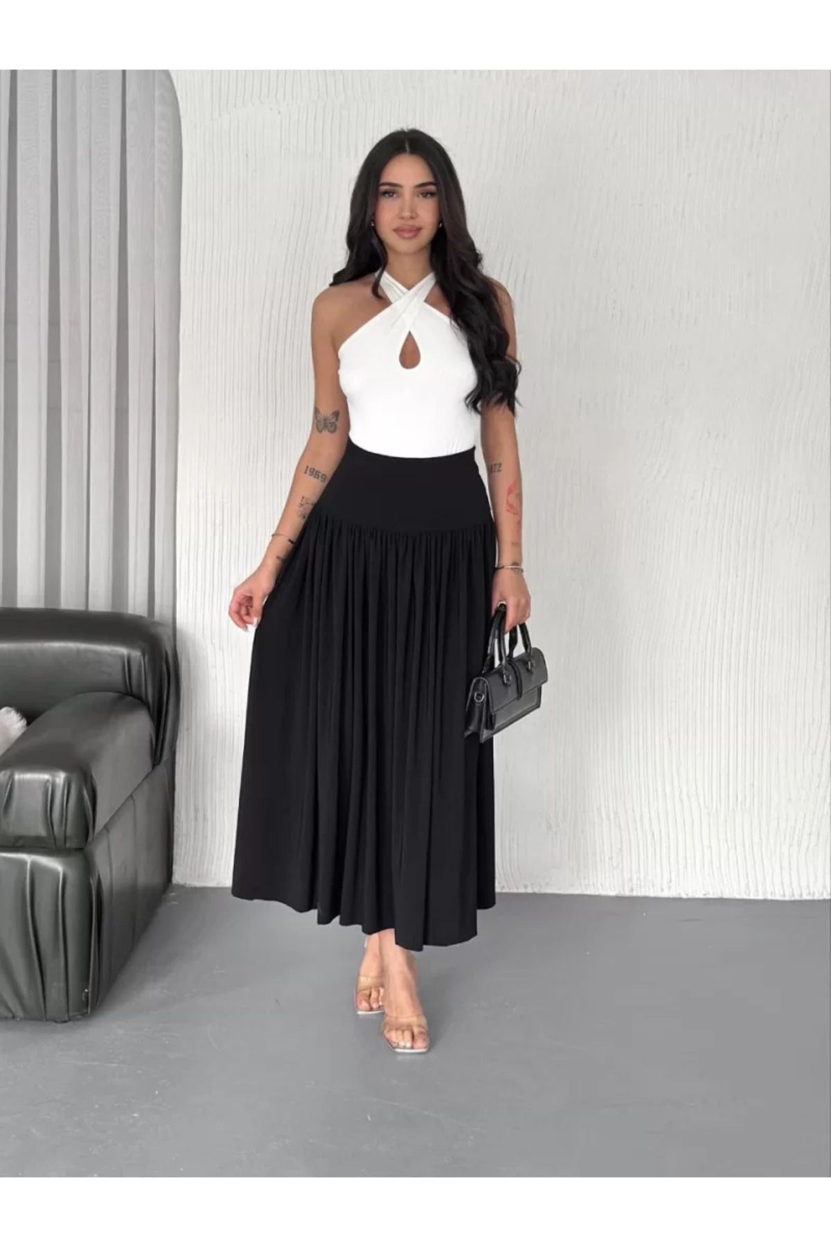ruum fashions Sandy Uzun Beli Lastikli Yüksel Bel Etek Yazlık