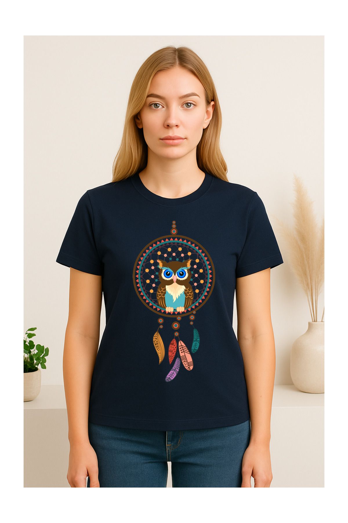 MODA Kısa Kollu, Regular Kalıp, Bohem Desen (Baykuş), Kadın TSHIRT