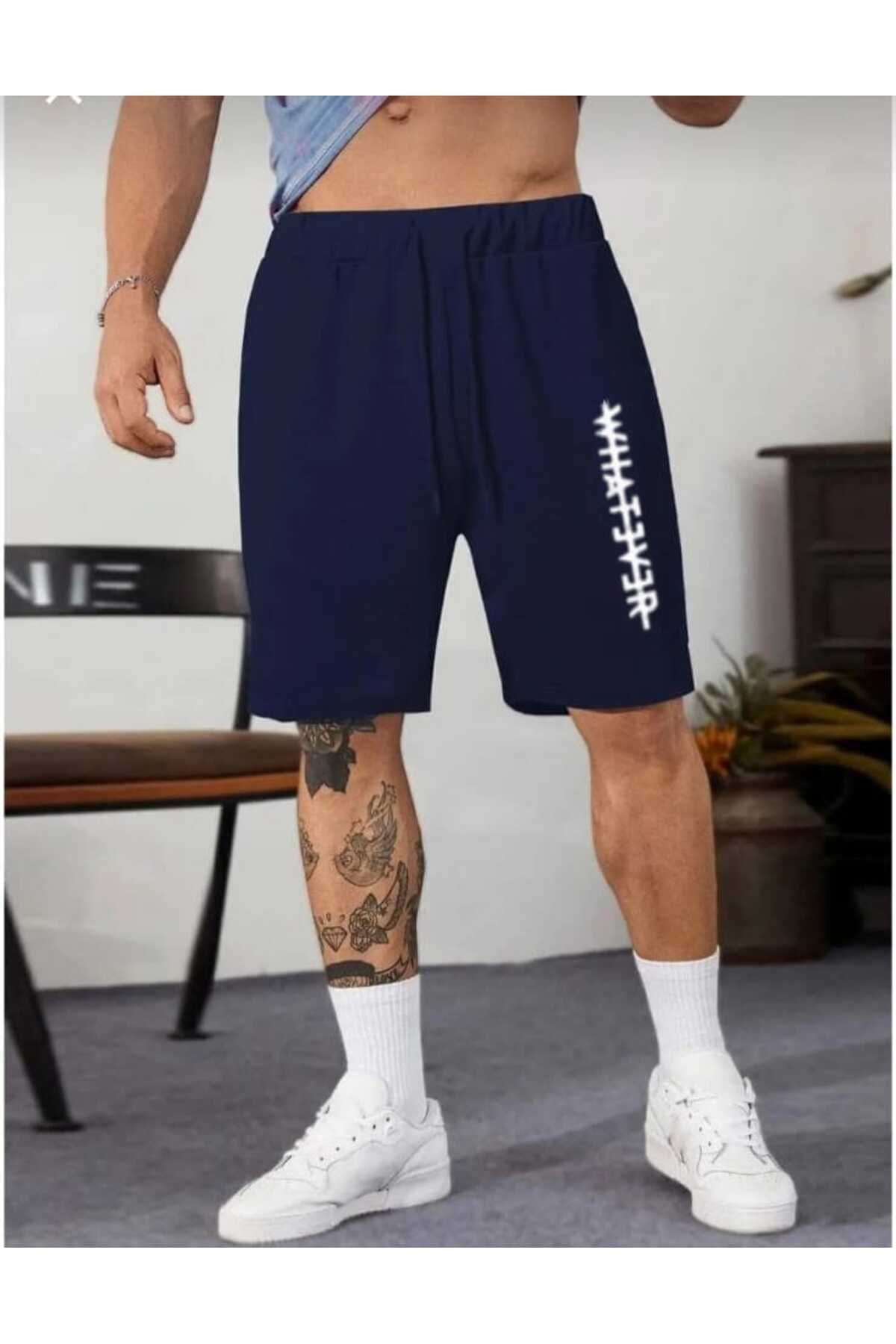 NETTENSTORE ERKEK LACİVERT BERMUDA SPORTWEAR WHAT BASKILI YAZLIK RAHAT SPOR ŞORT